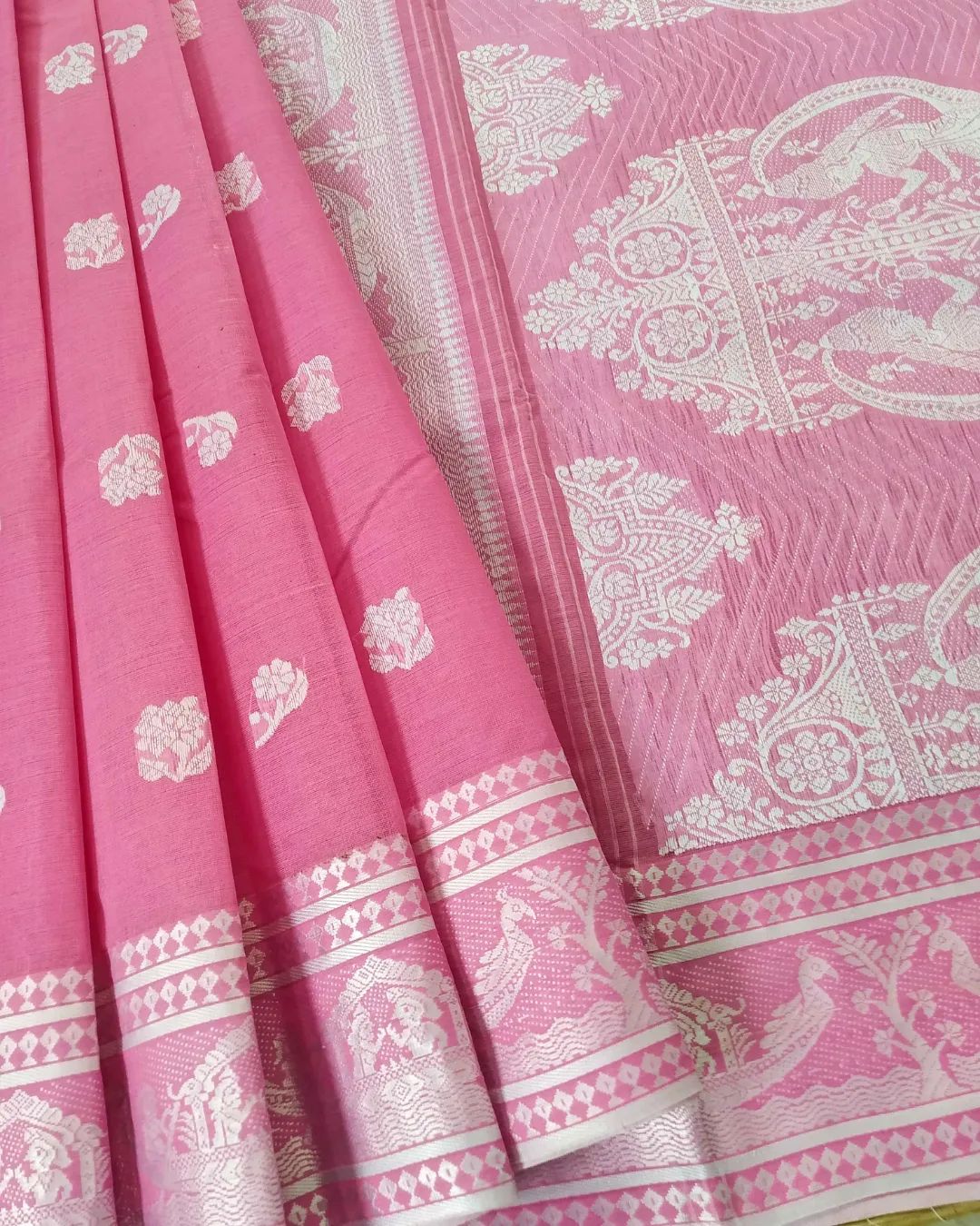 Pink Cotton Handloom Woven Baluchari Saree