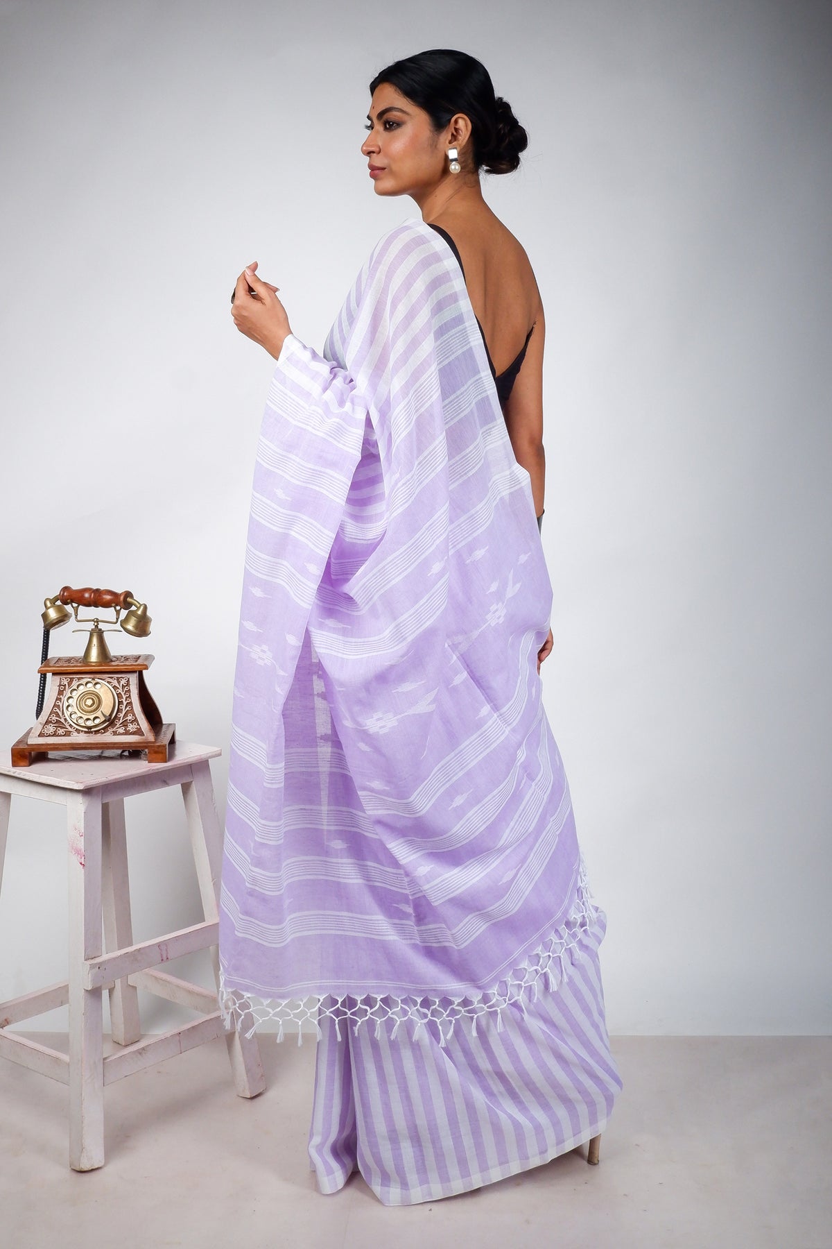 Purple and White Striped Saree with Jamdani Woven Pallu