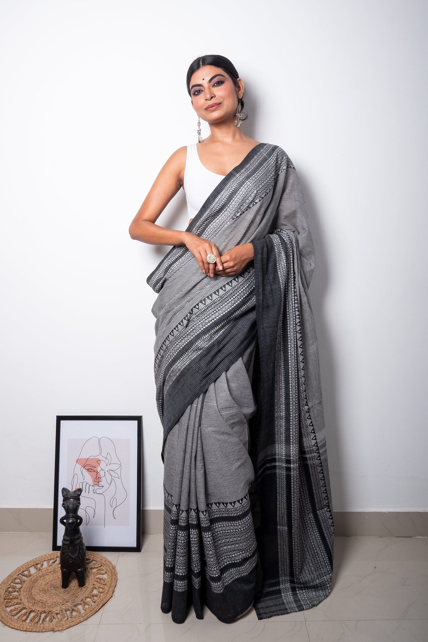Black White Cotton Small Check Dhaniakhali Saree with Skirt Borders