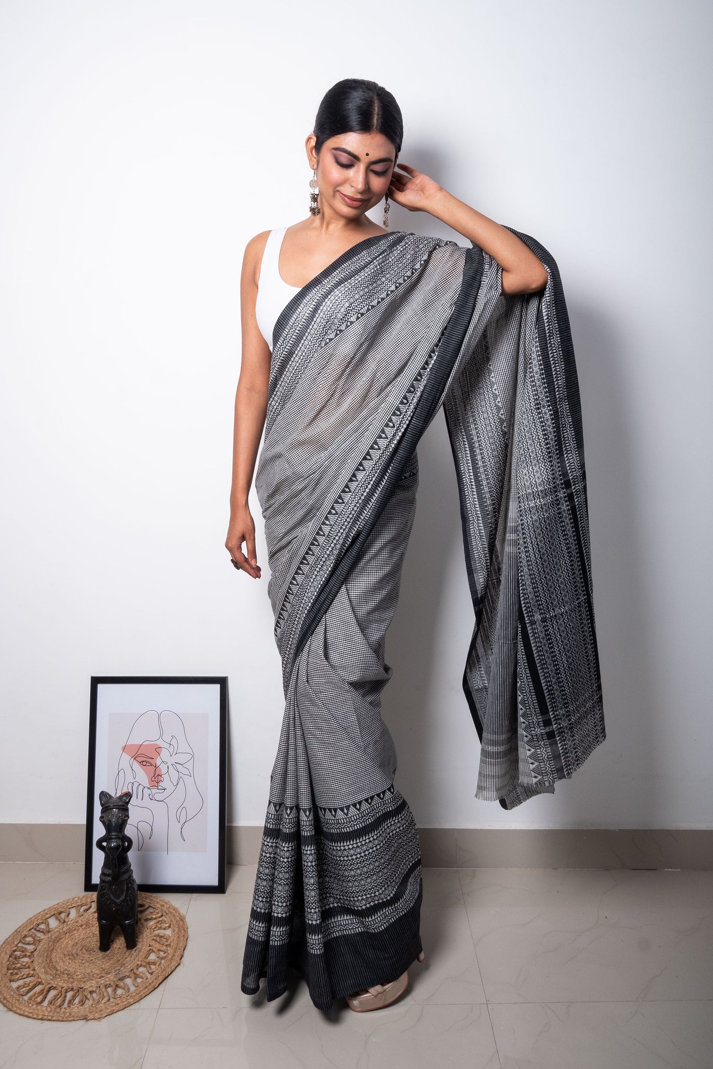 Black White Cotton Small Check Dhaniakhali Saree with Skirt Borders