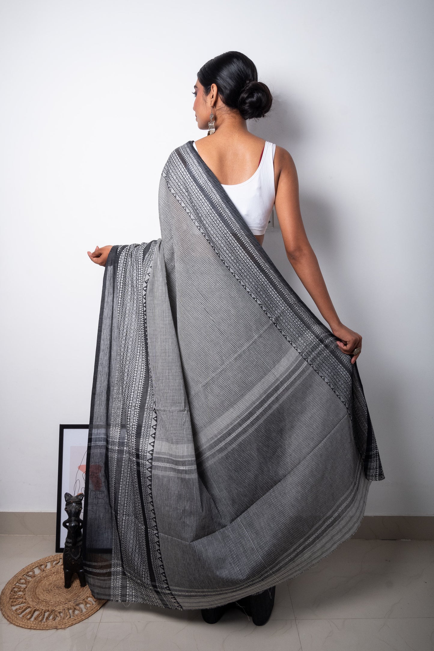 Black White Cotton Small Check Dhaniakhali Saree with Skirt Borders