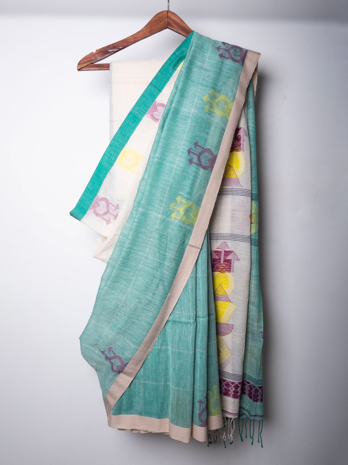 White- Sea Green Half'n'Half Premium Cotton Handloom Saree