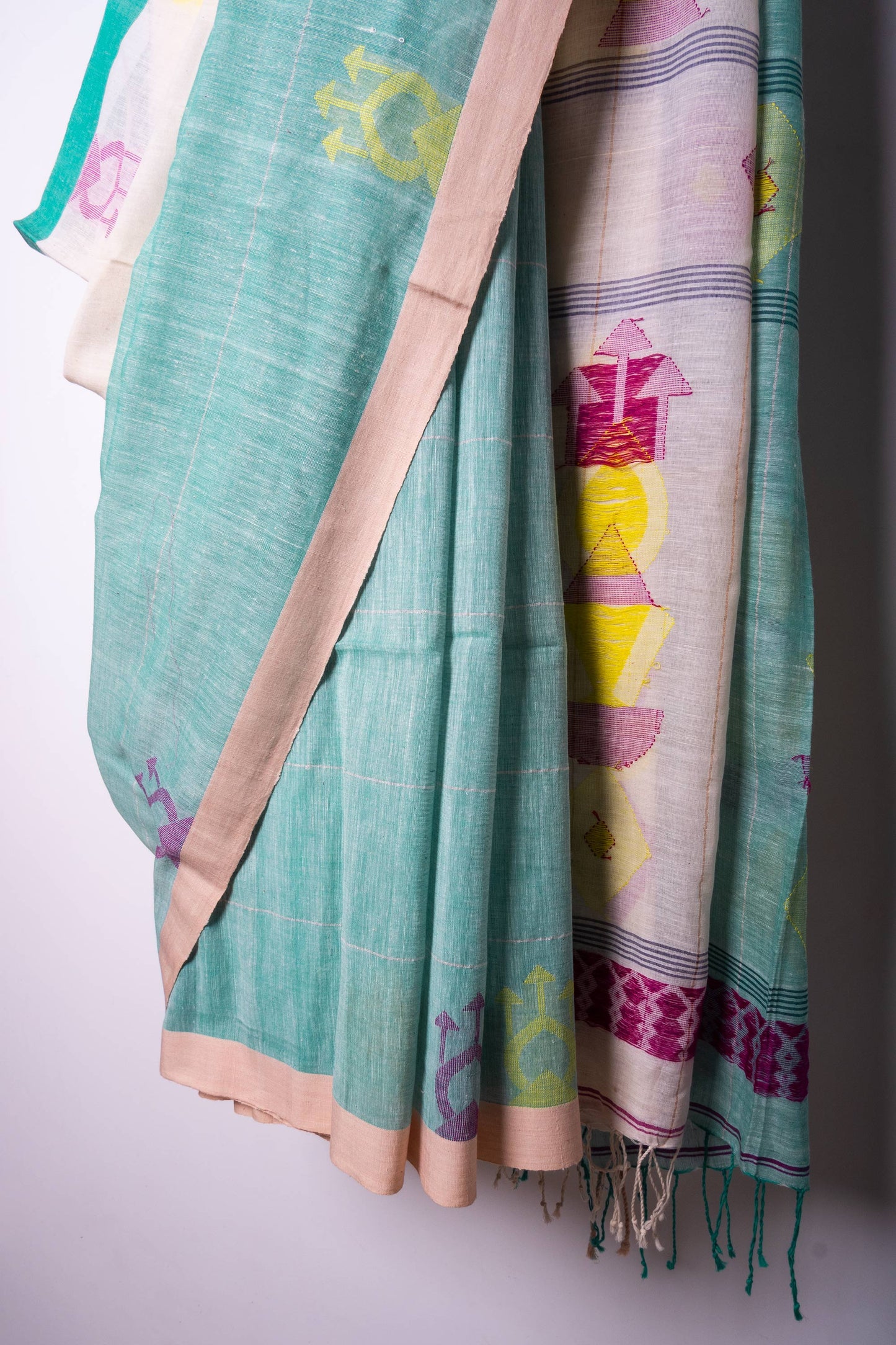 White- Sea Green Half'n'Half Premium Cotton Handloom Saree