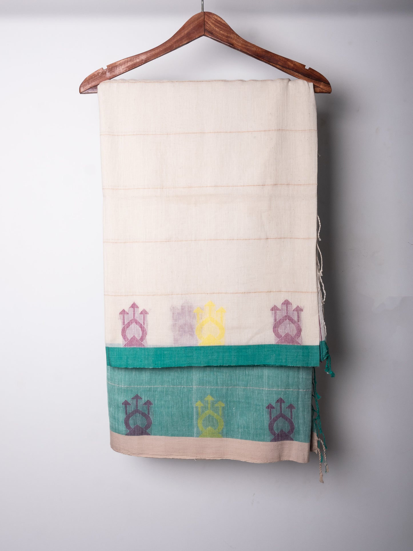 White- Sea Green Half'n'Half Premium Cotton Handloom Saree
