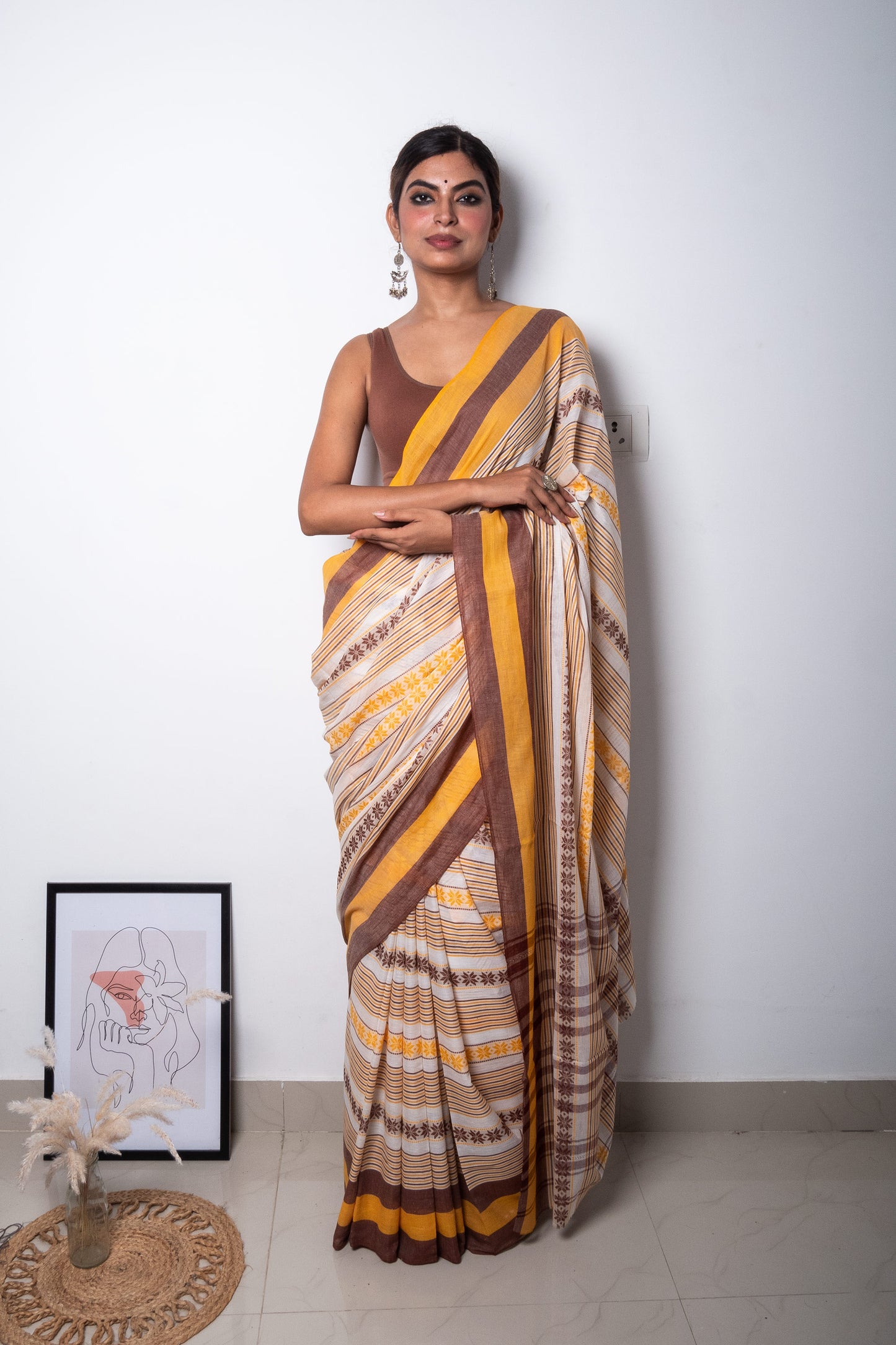 White-Yellow-Chocolate Floral Dhaniakhali Soft Cotton Saree