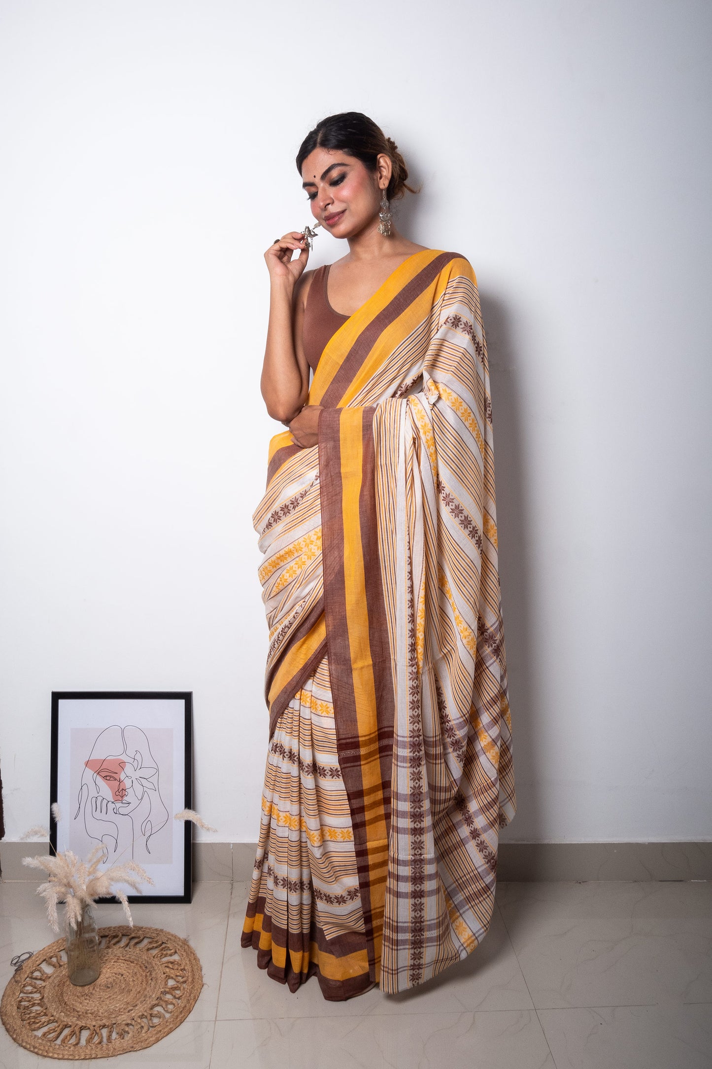 White-Yellow-Chocolate Floral Dhaniakhali Soft Cotton Saree