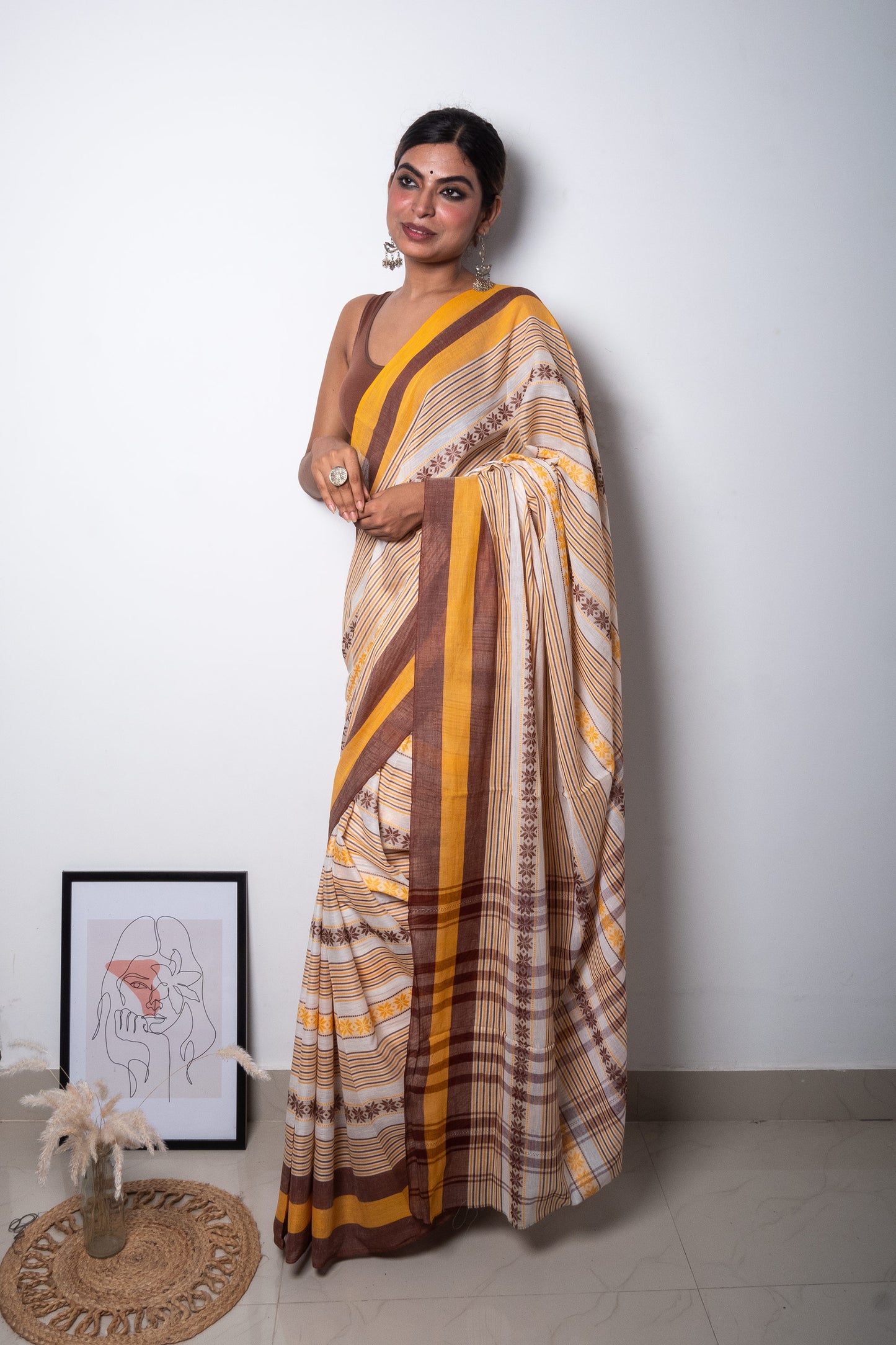 White-Yellow-Chocolate Floral Dhaniakhali Soft Cotton Saree