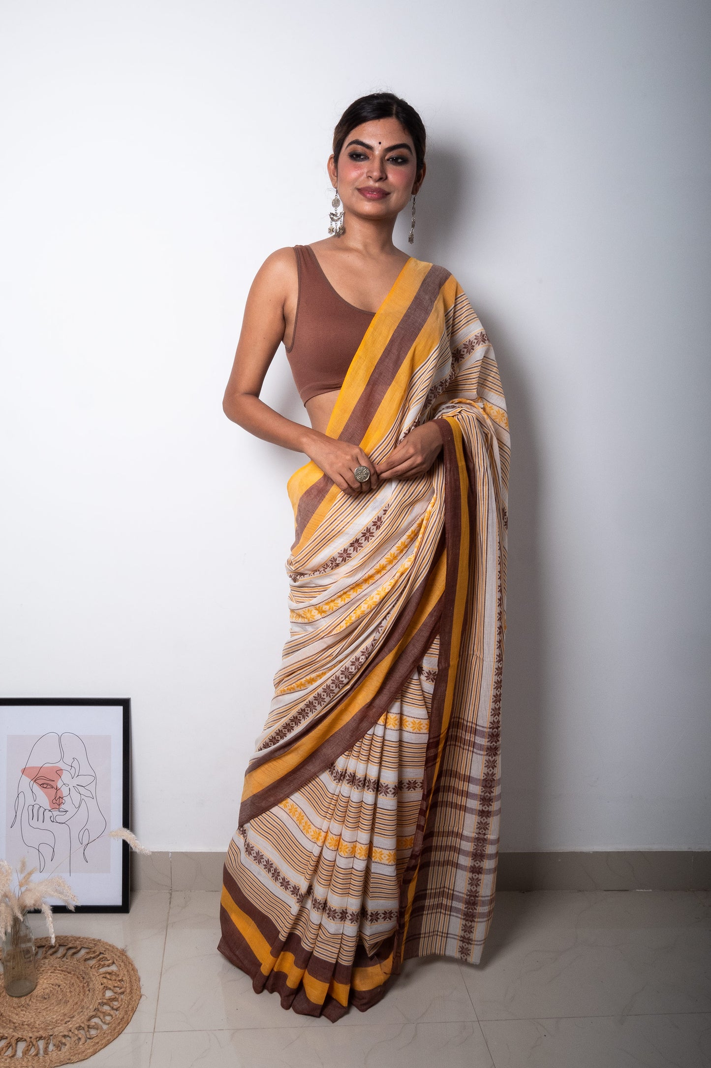 White-Yellow-Chocolate Floral Dhaniakhali Soft Cotton Saree