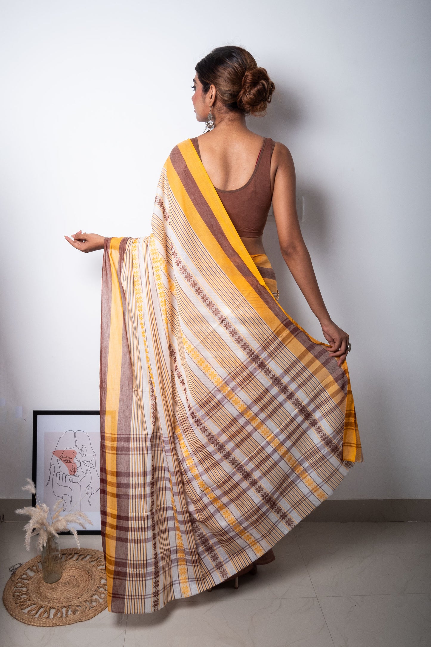 White-Yellow-Chocolate Floral Dhaniakhali Soft Cotton Saree