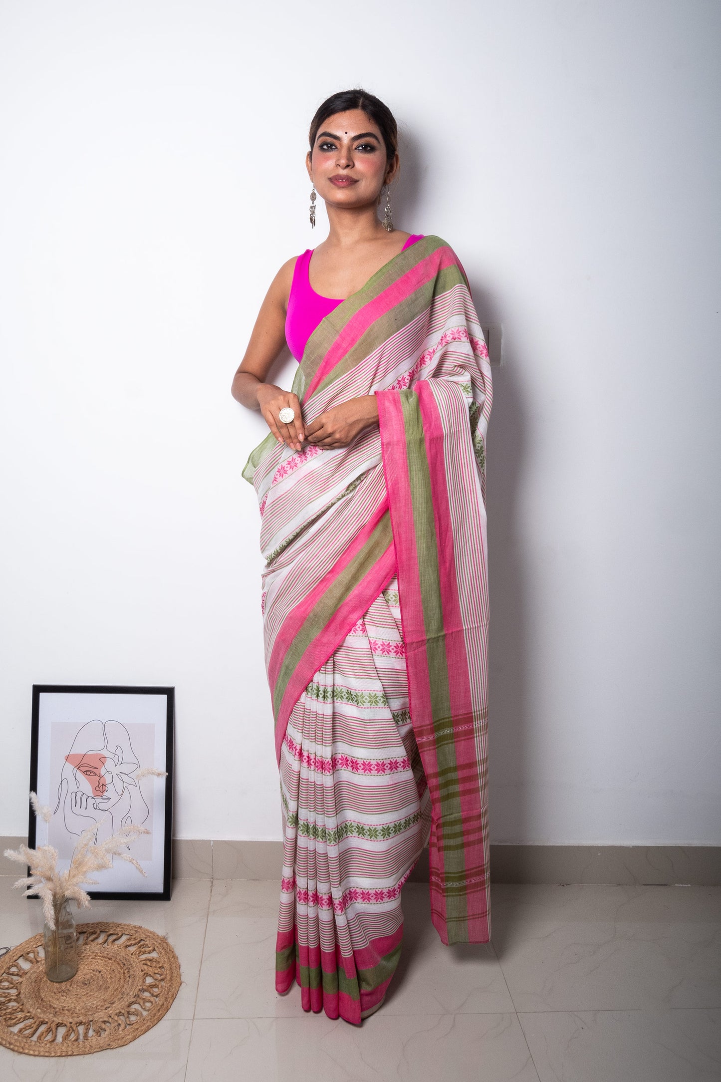 White-Green-Pink Floral Dhaniakhali Soft Cotton Saree
