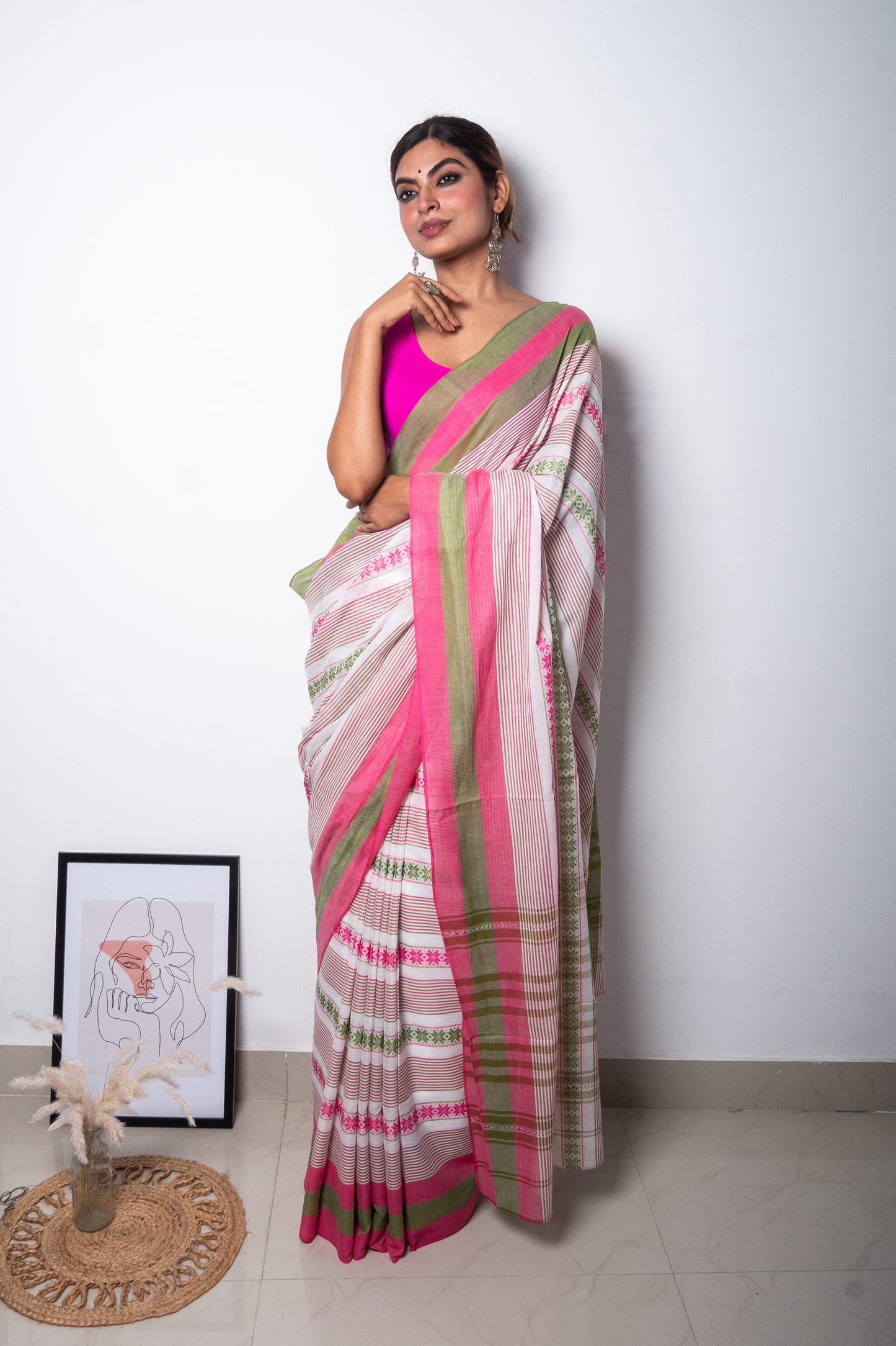 White-Green-Pink Floral Dhaniakhali Soft Cotton Saree