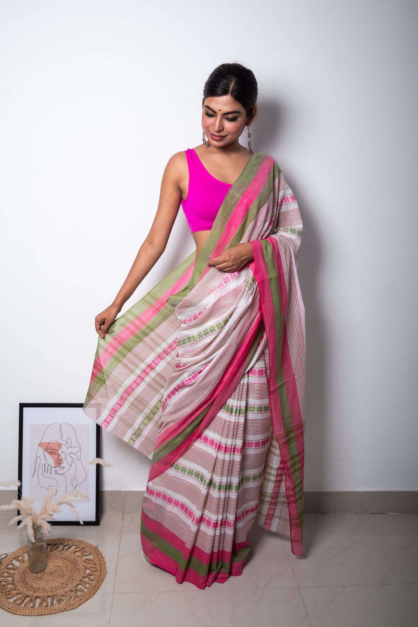 White-Green-Pink Floral Dhaniakhali Soft Cotton Saree