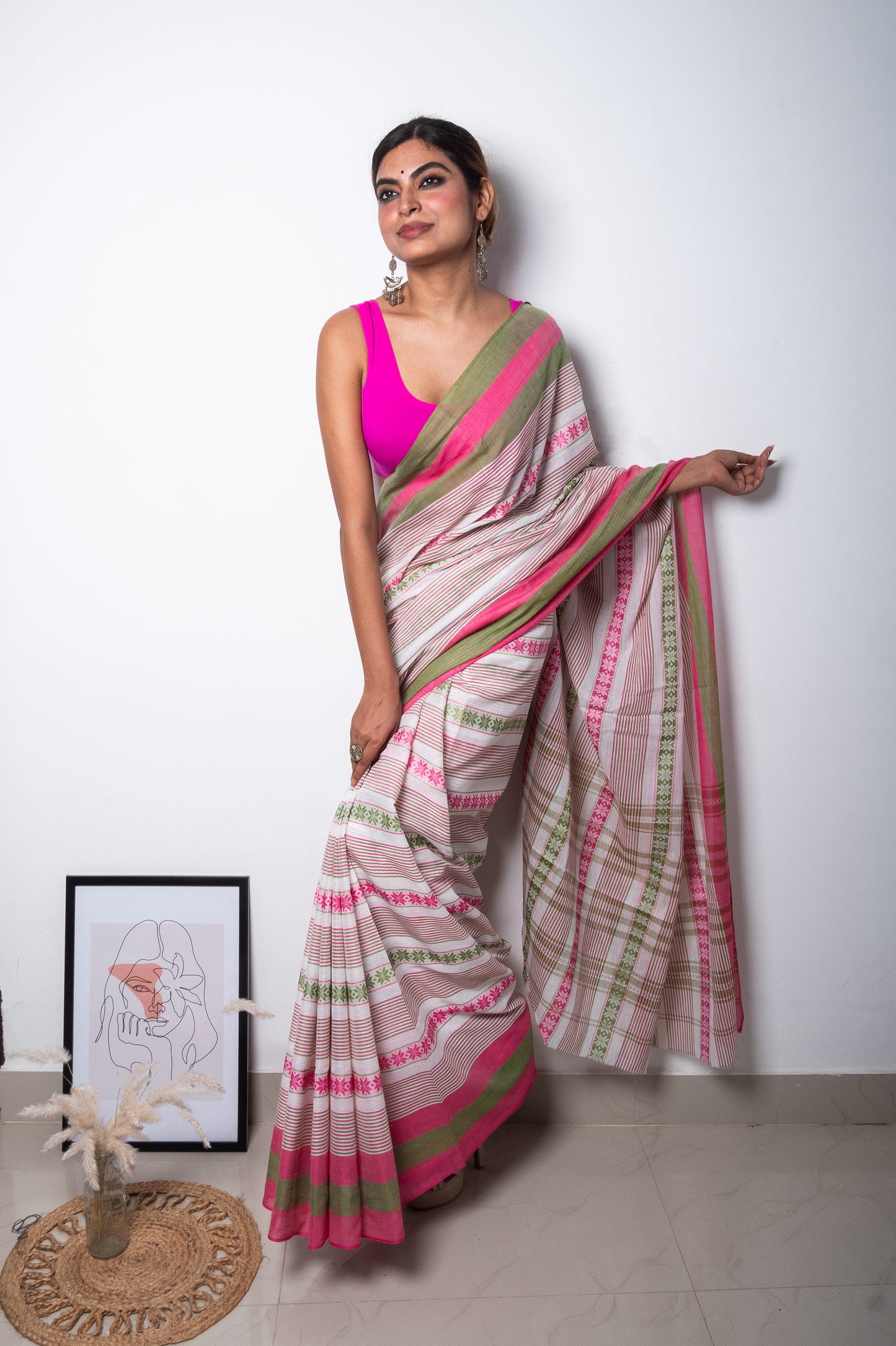 White-Green-Pink Floral Dhaniakhali Soft Cotton Saree
