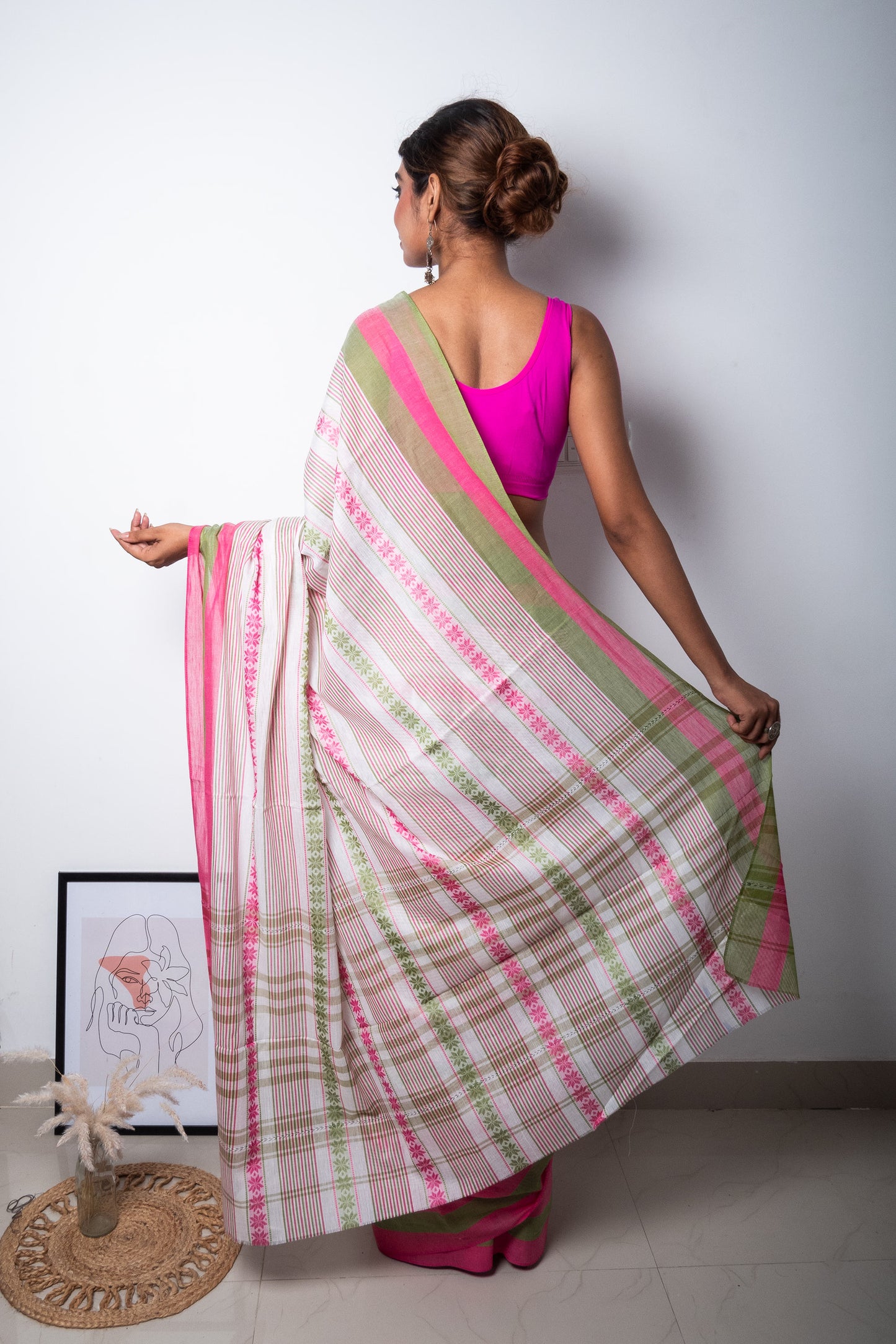 White-Green-Pink Floral Dhaniakhali Soft Cotton Saree