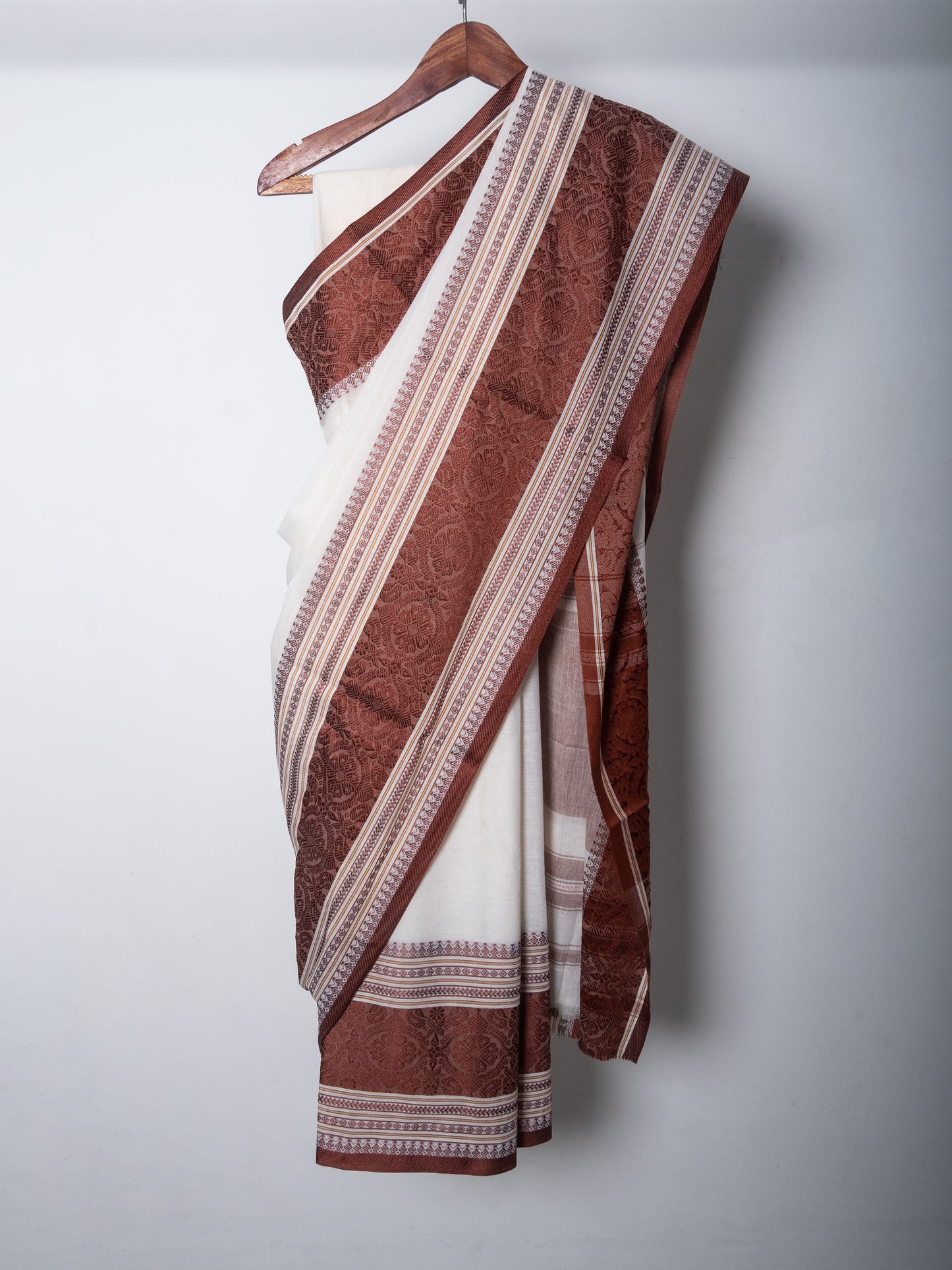 Off White Dhaniakhali Cotton Saree with Brown Woven Borders