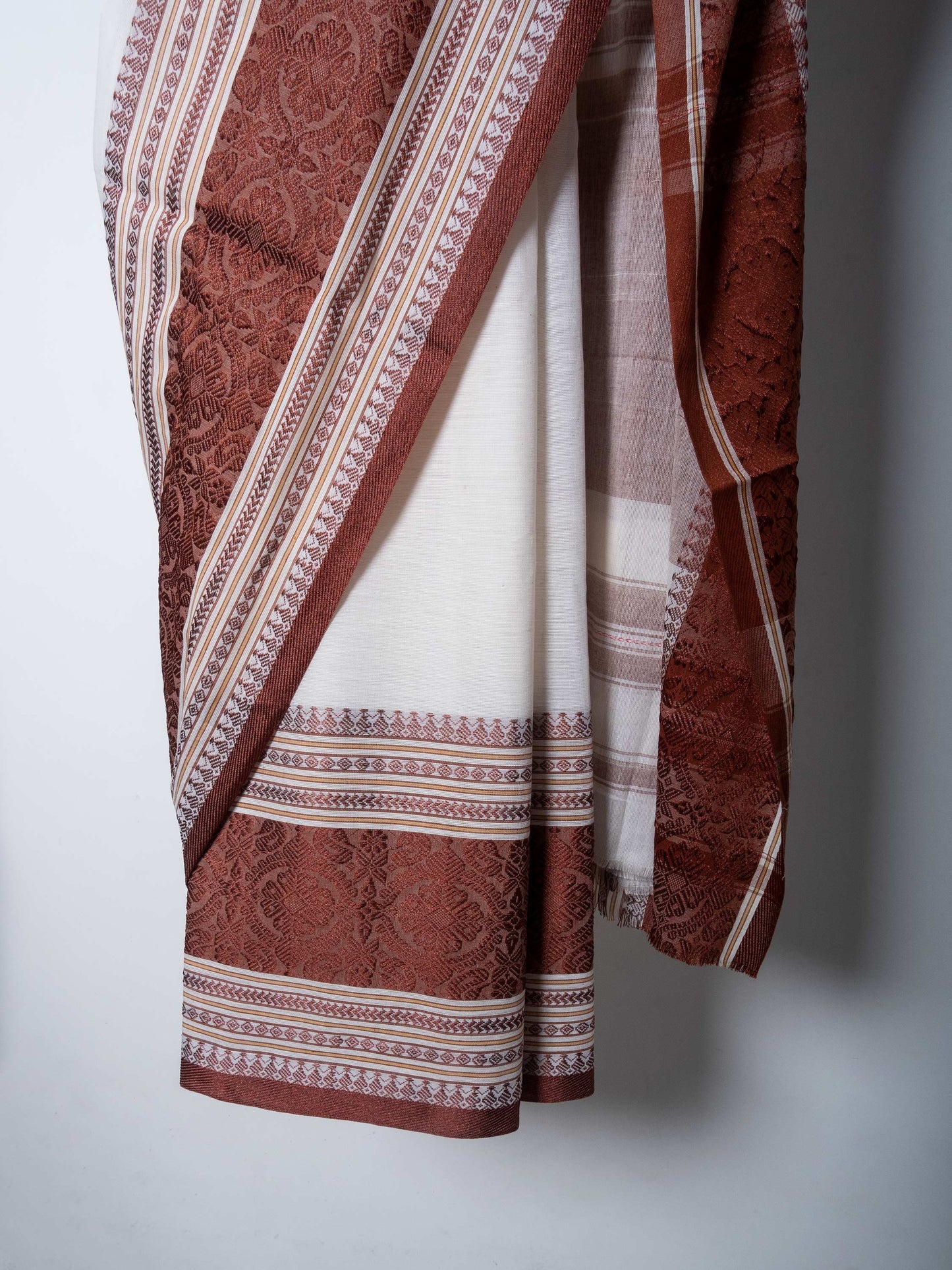 Off White Dhaniakhali Cotton Saree with Brown Woven Borders