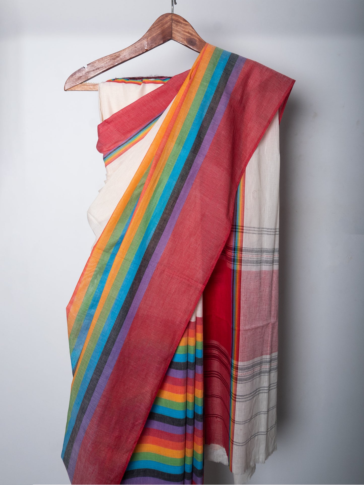 Off White Dhaniakhali Cotton Saree with Rainbow Colour Border