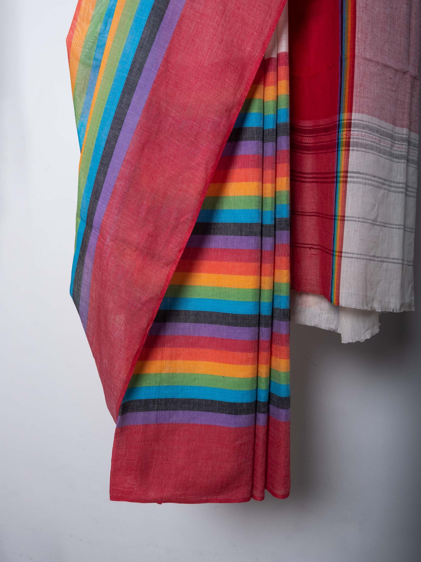 Off White Dhaniakhali Cotton Saree with Rainbow Colour Border