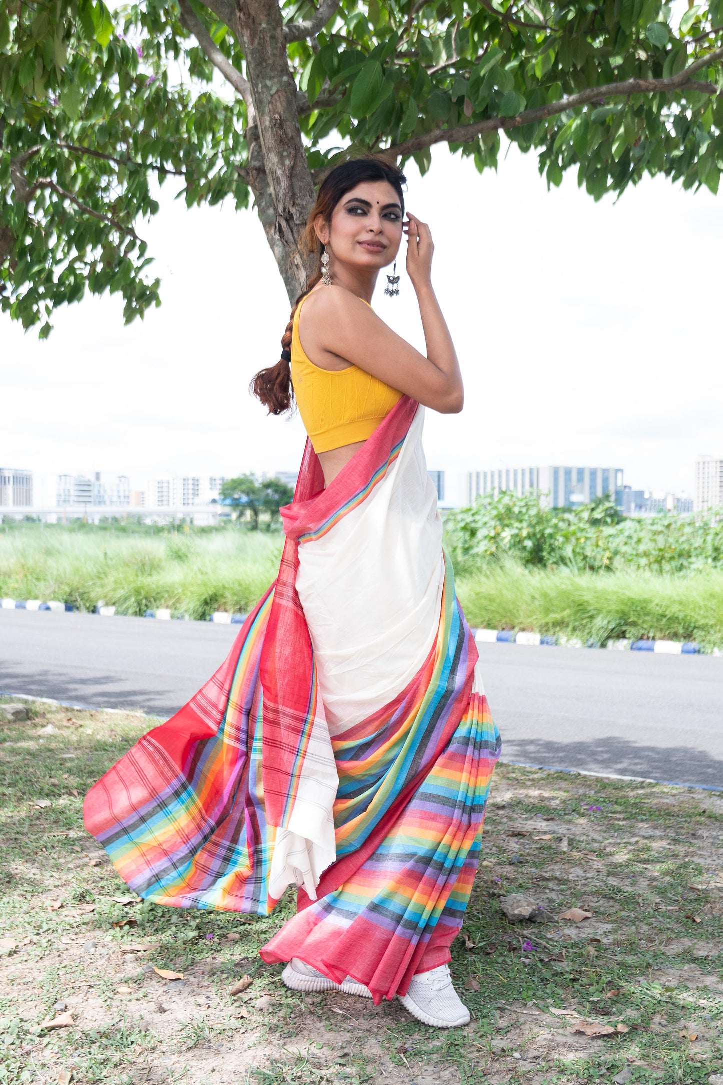 Off White Dhaniakhali Cotton Saree with Rainbow Colour Border