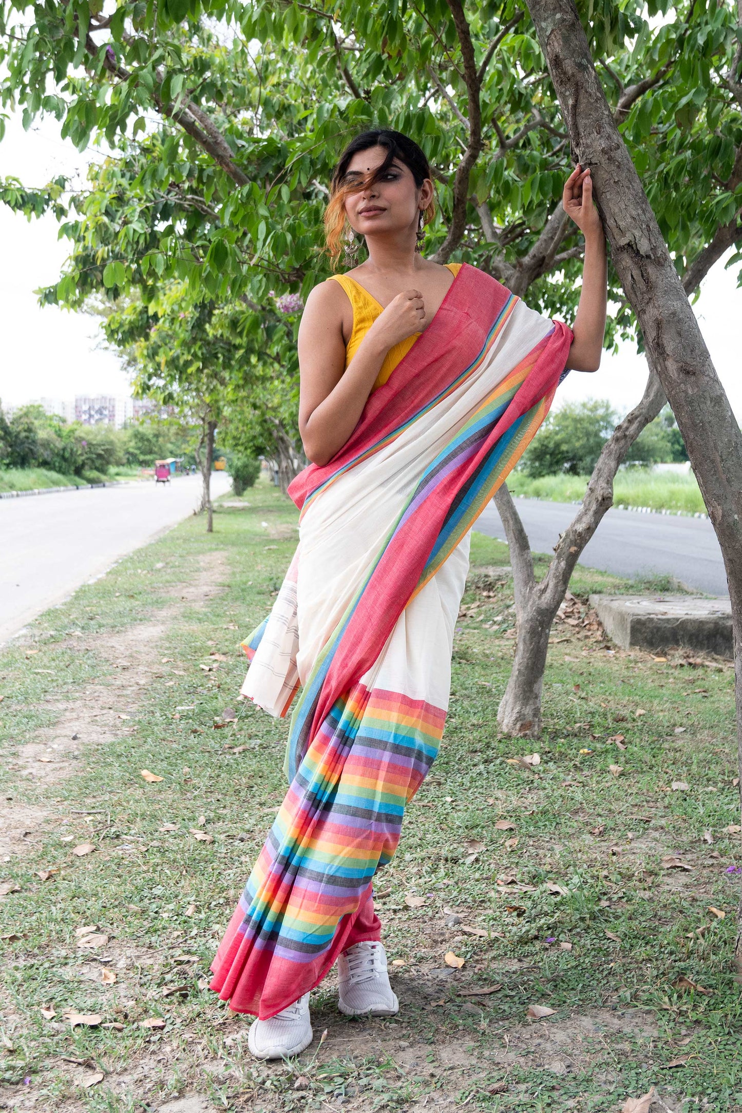 Off White Dhaniakhali Cotton Saree with Rainbow Colour Border