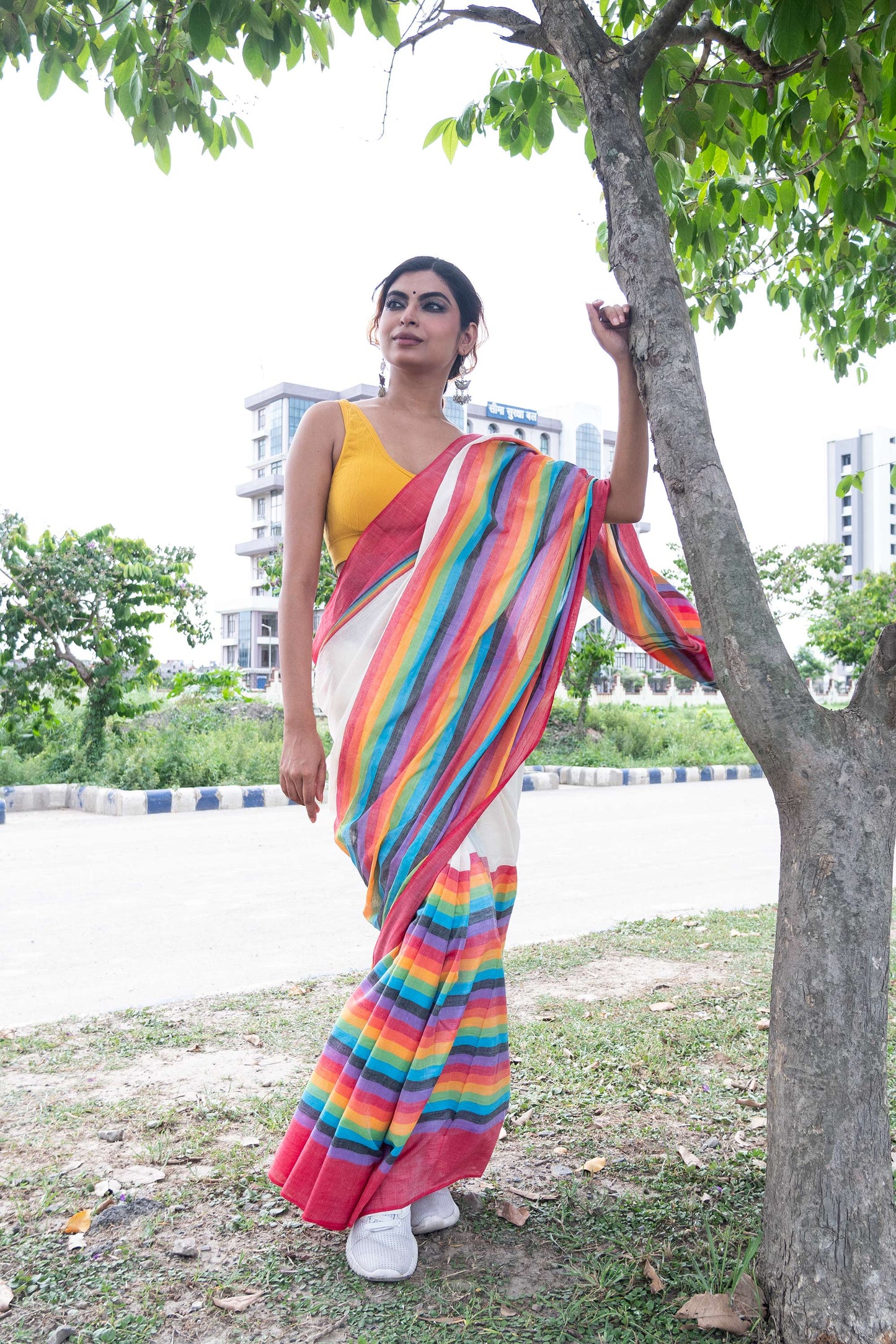 Off White Dhaniakhali Cotton Saree with Rainbow Colour Border