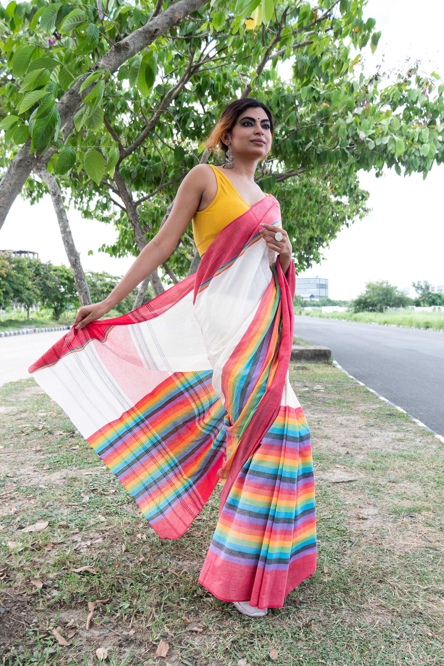 Off White Dhaniakhali Cotton Saree with Rainbow Colour Border