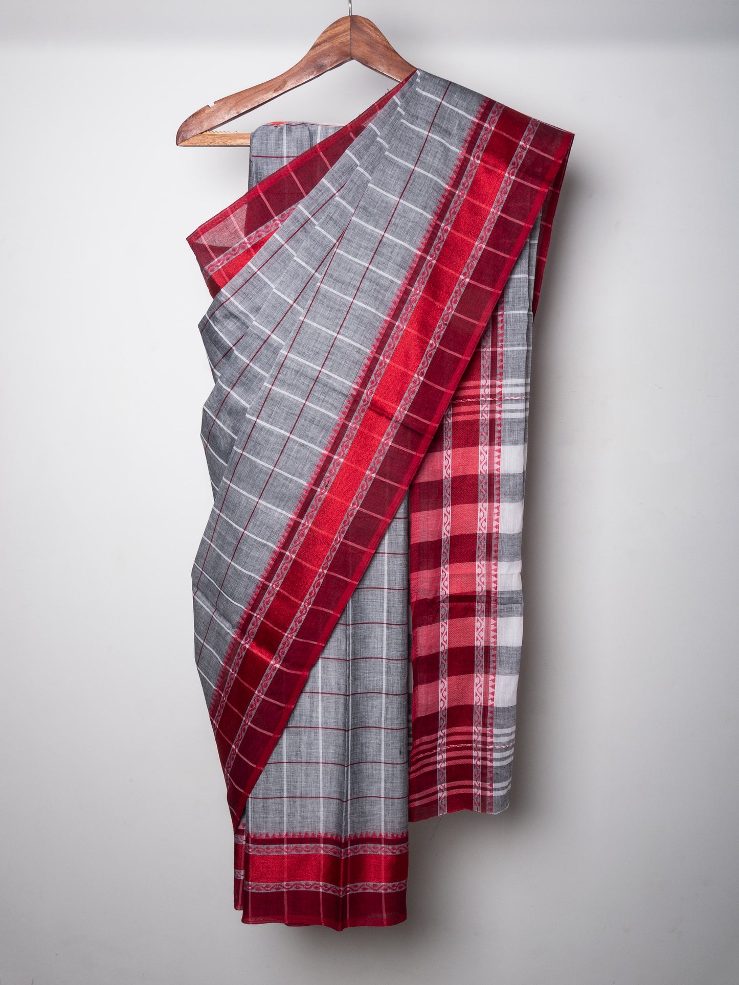Grey Cotton Big Check Dhaniakhali Saree with Red Woven Border