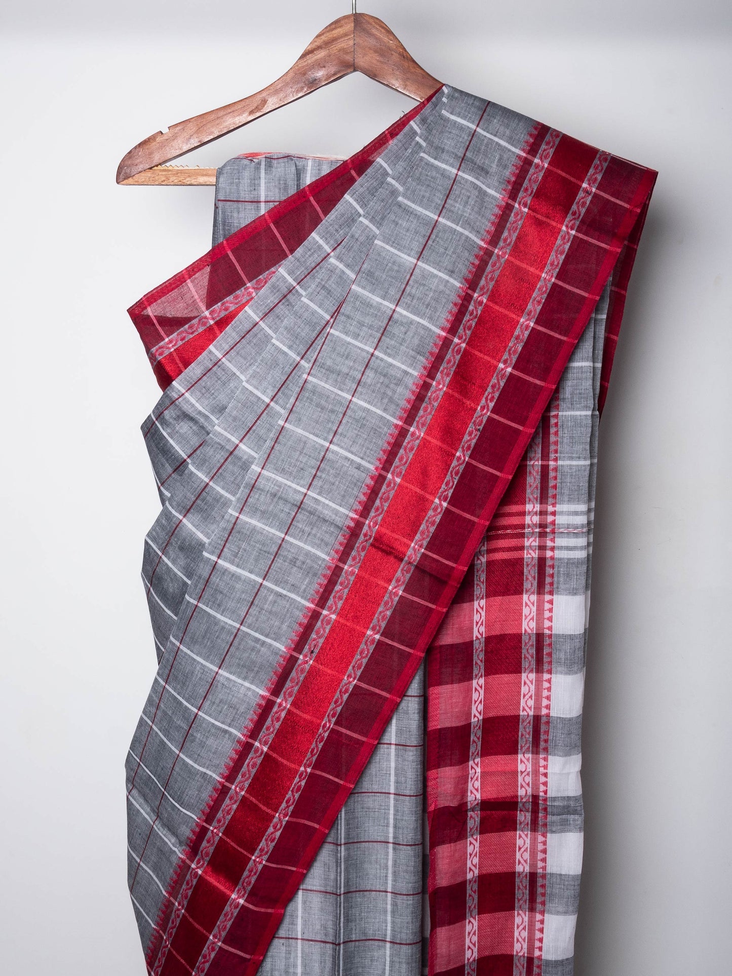 Grey Cotton Big Check Dhaniakhali Saree with Red Woven Border