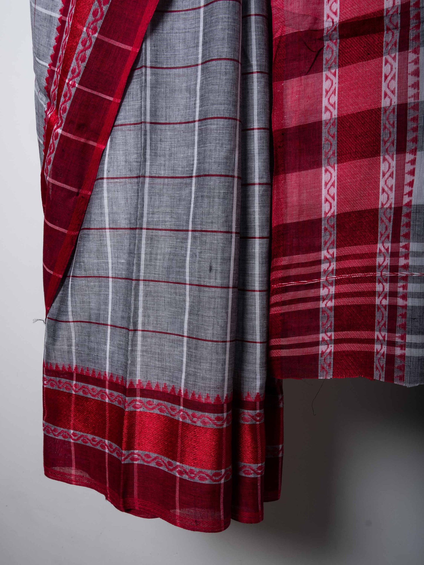 Grey Cotton Big Check Dhaniakhali Saree with Red Woven Border