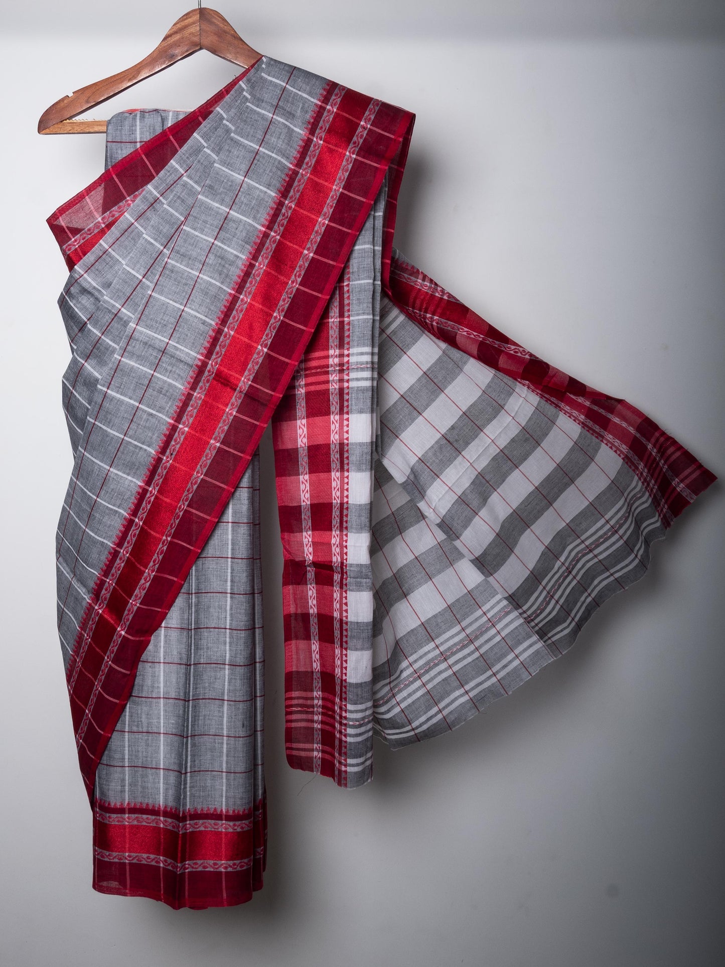 Grey Cotton Big Check Dhaniakhali Saree with Red Woven Border