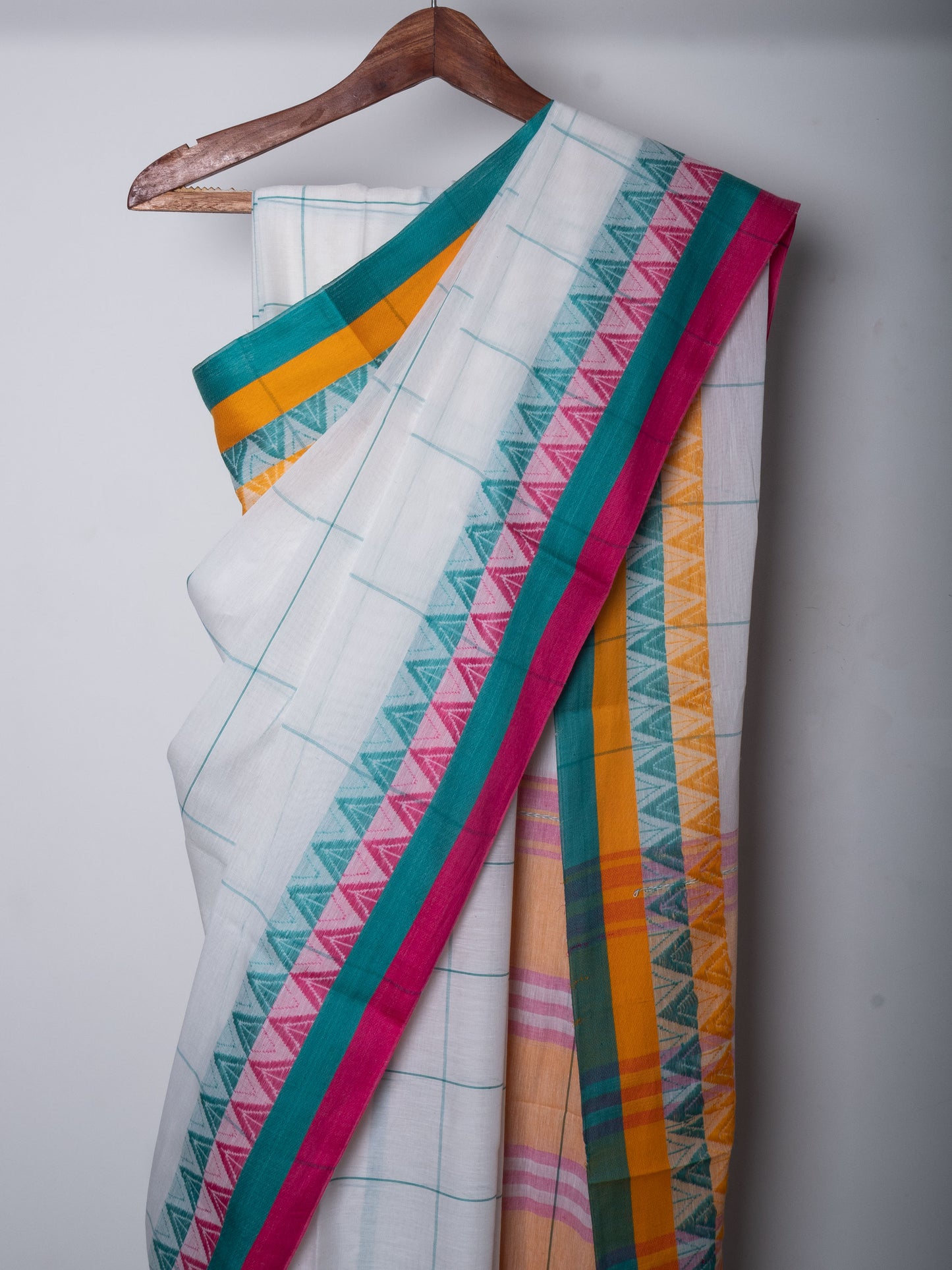 White Blue Cotton Big Check Dhaniakhali Saree with Ganga Jamuna Woven Border