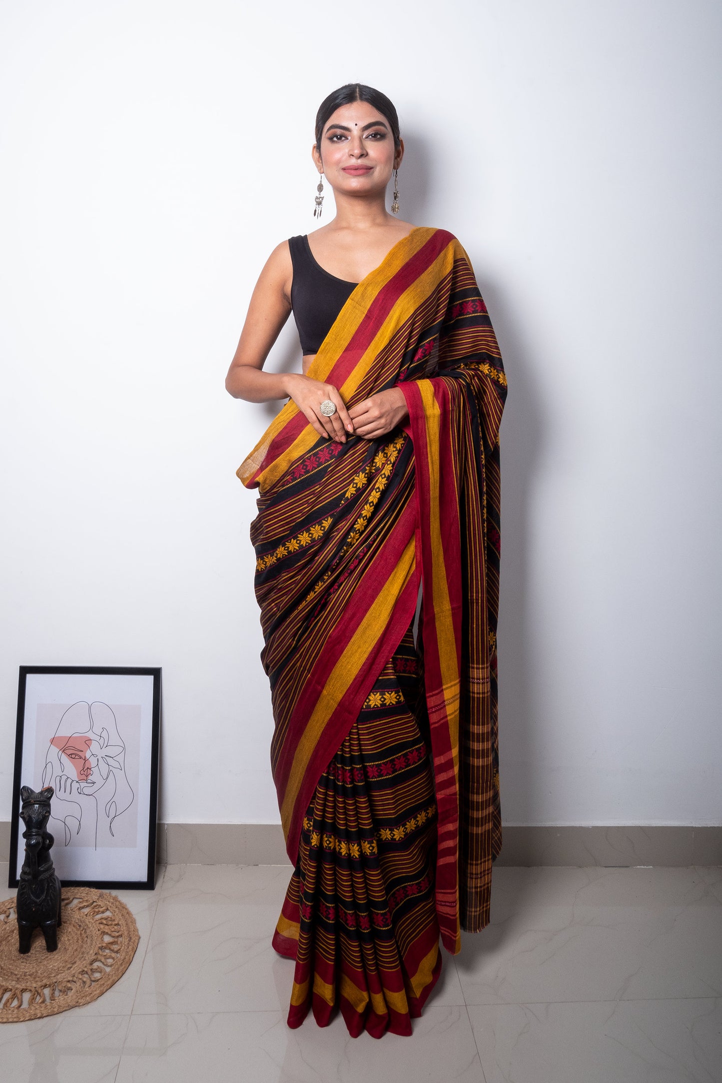 Black-Red-Yellow Floral Dhaniakhali Soft Cotton Saree