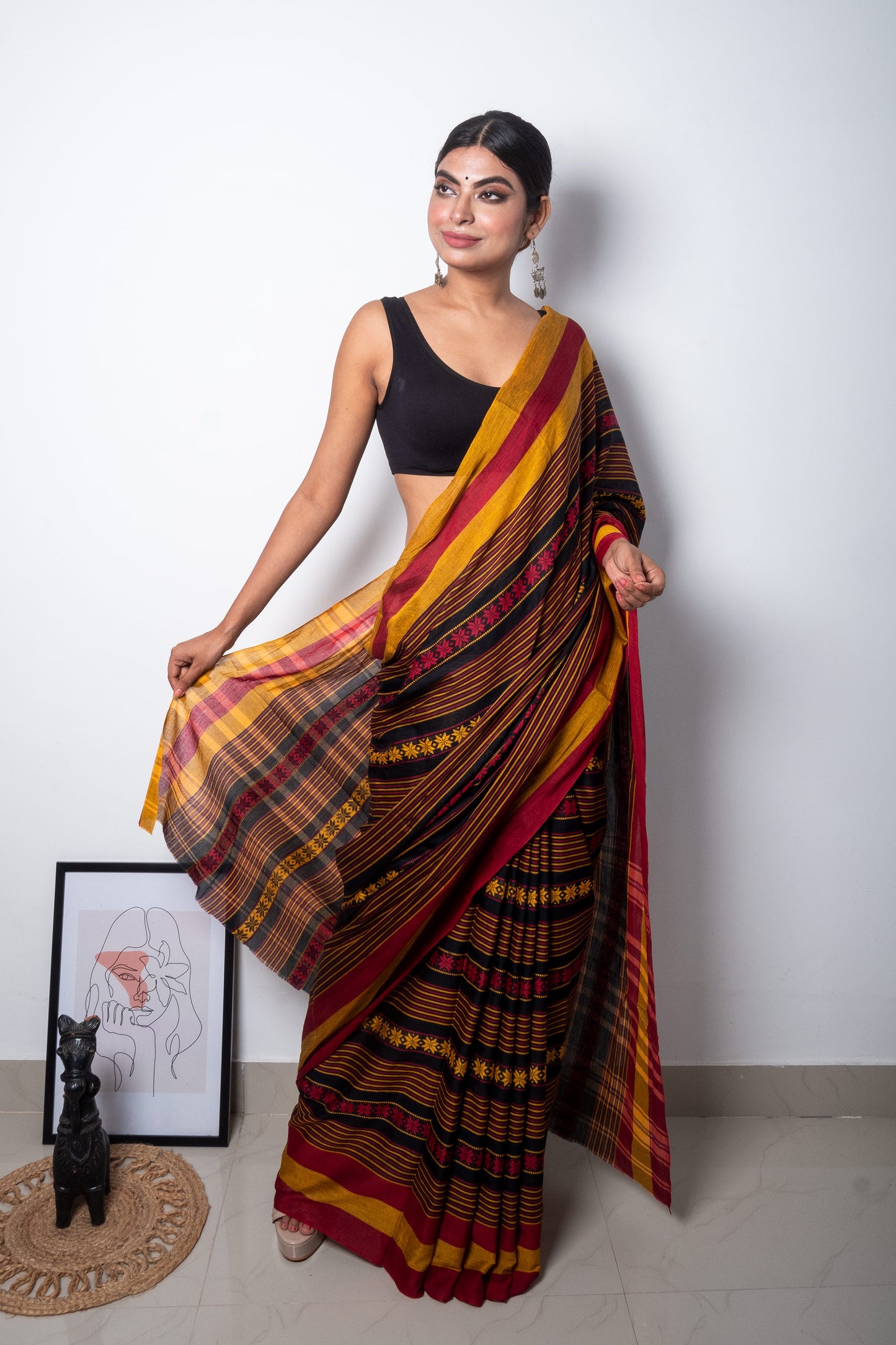 Black-Red-Yellow Floral Dhaniakhali Soft Cotton Saree
