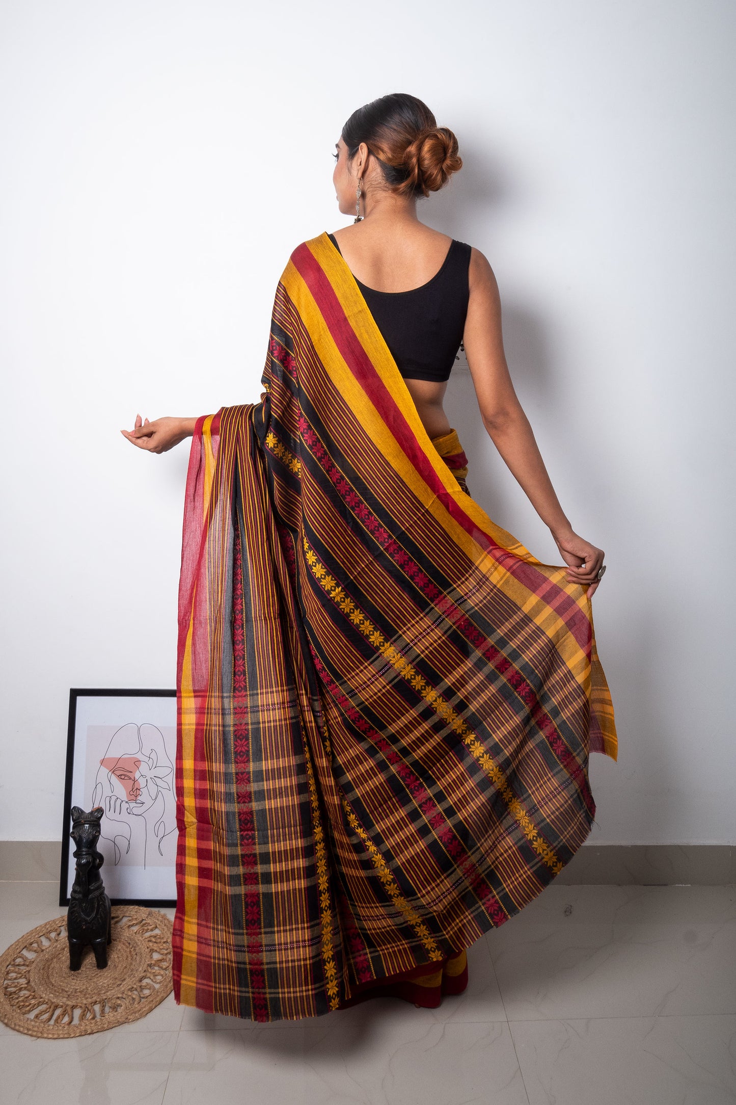 Black-Red-Yellow Floral Dhaniakhali Soft Cotton Saree