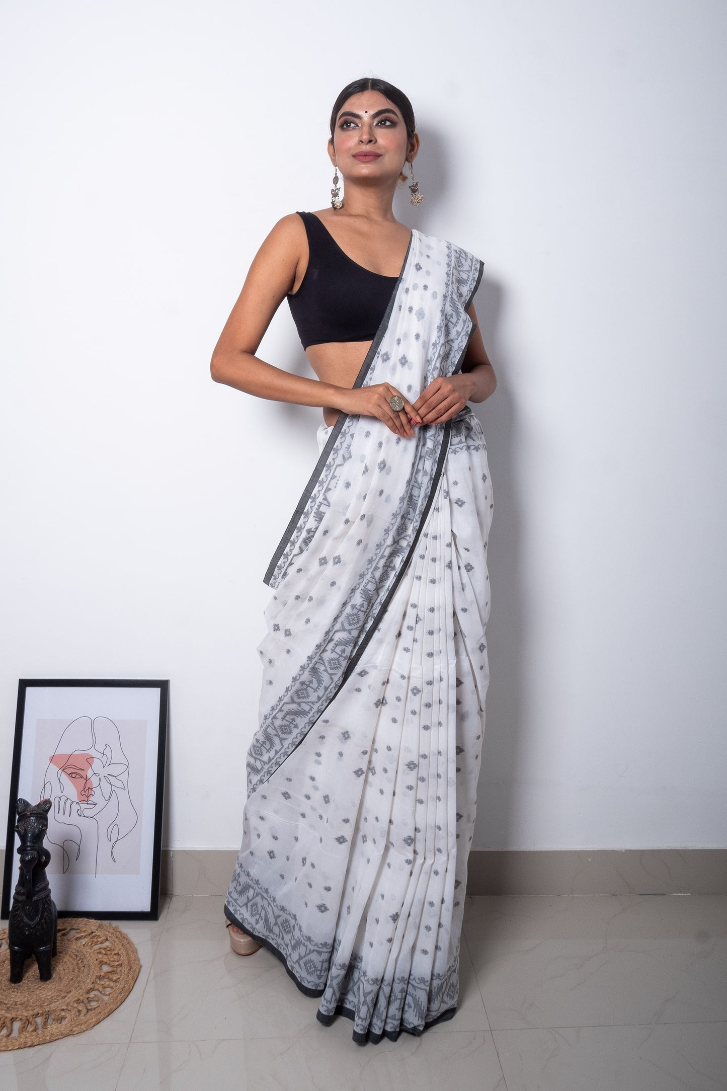 White-Black Handloom Woven Jamdani Saree