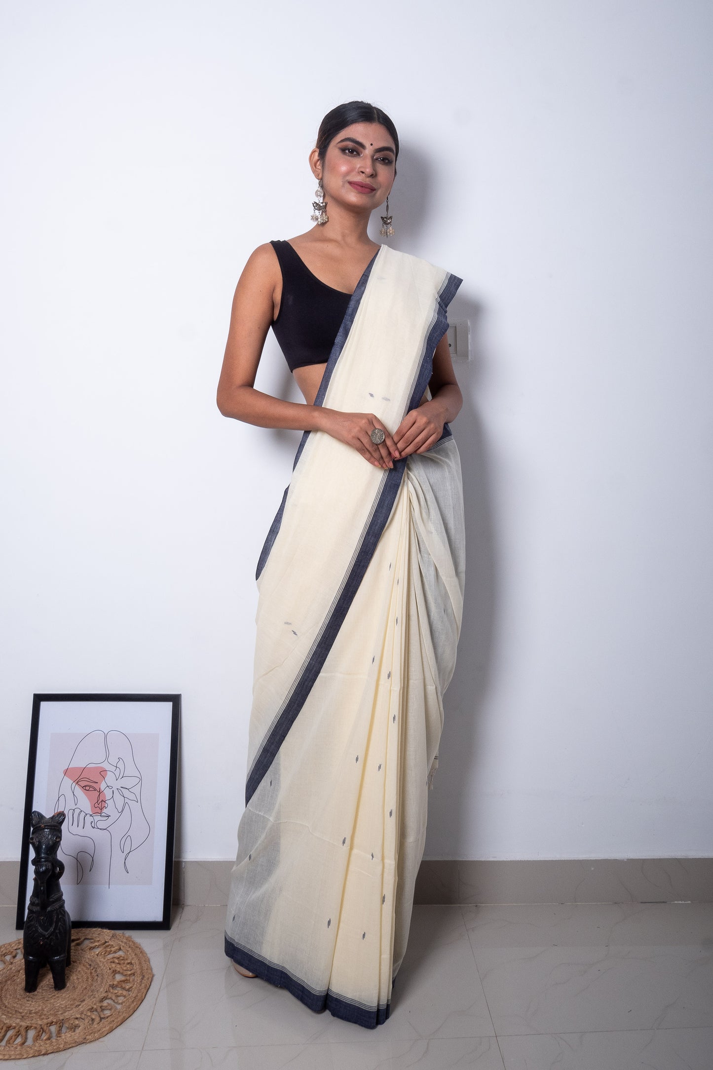 Cream-Black Handloom Jamdani Saree with Needle Woven Buttis