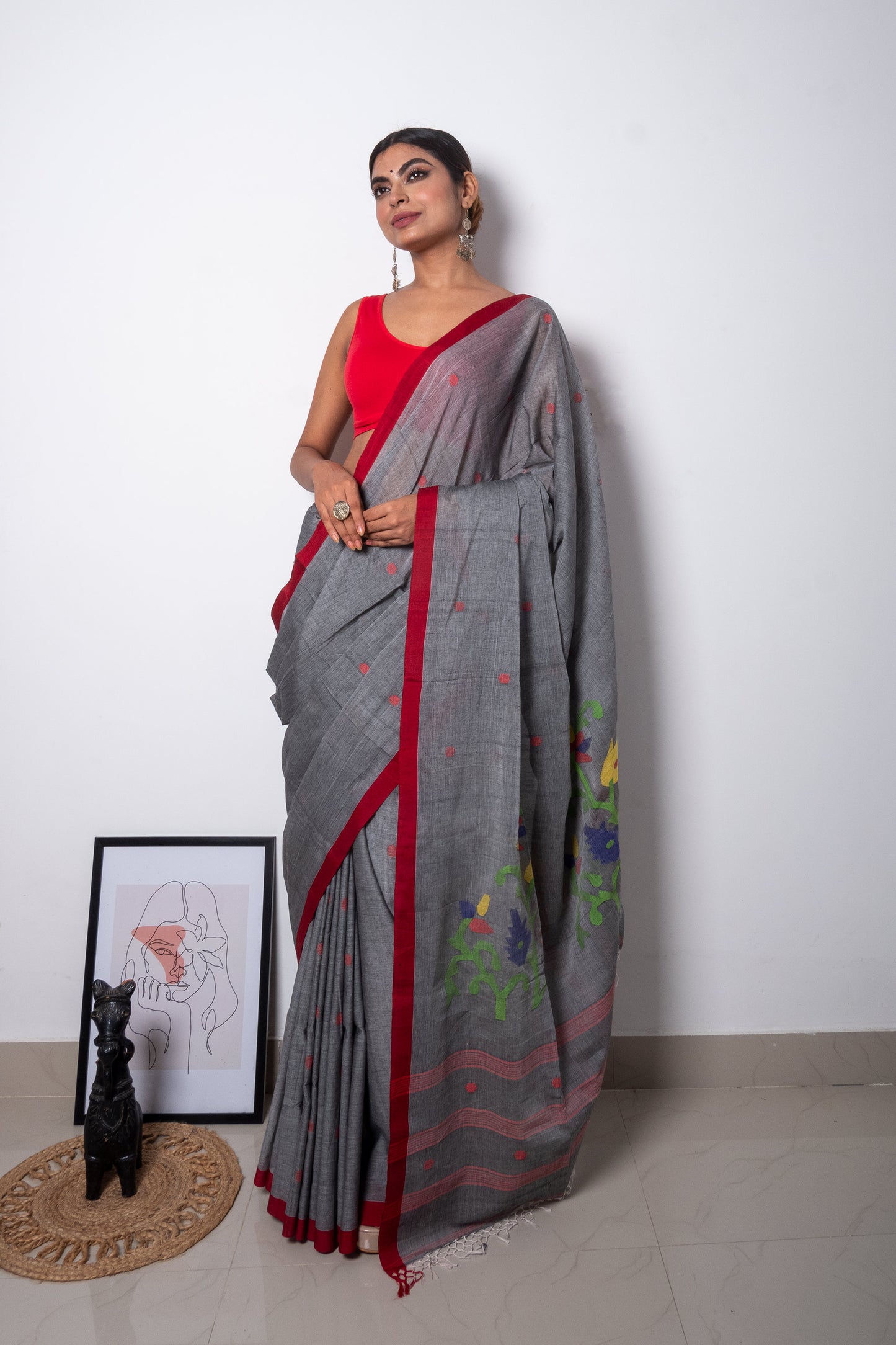 Blackish Grey- Red Purely Handloom Needle Woven Jamdani Saree