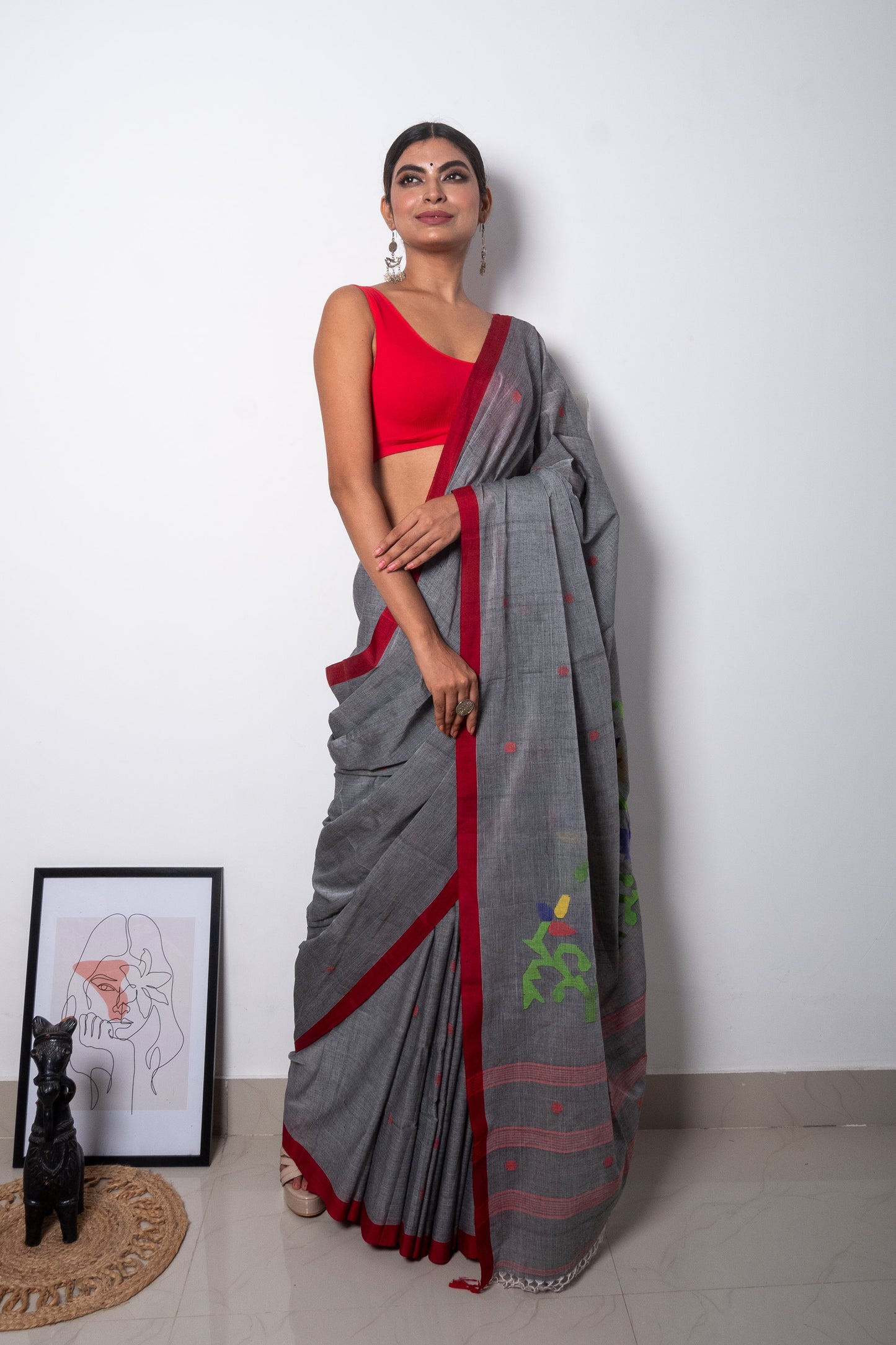 Blackish Grey- Red Purely Handloom Needle Woven Jamdani Saree
