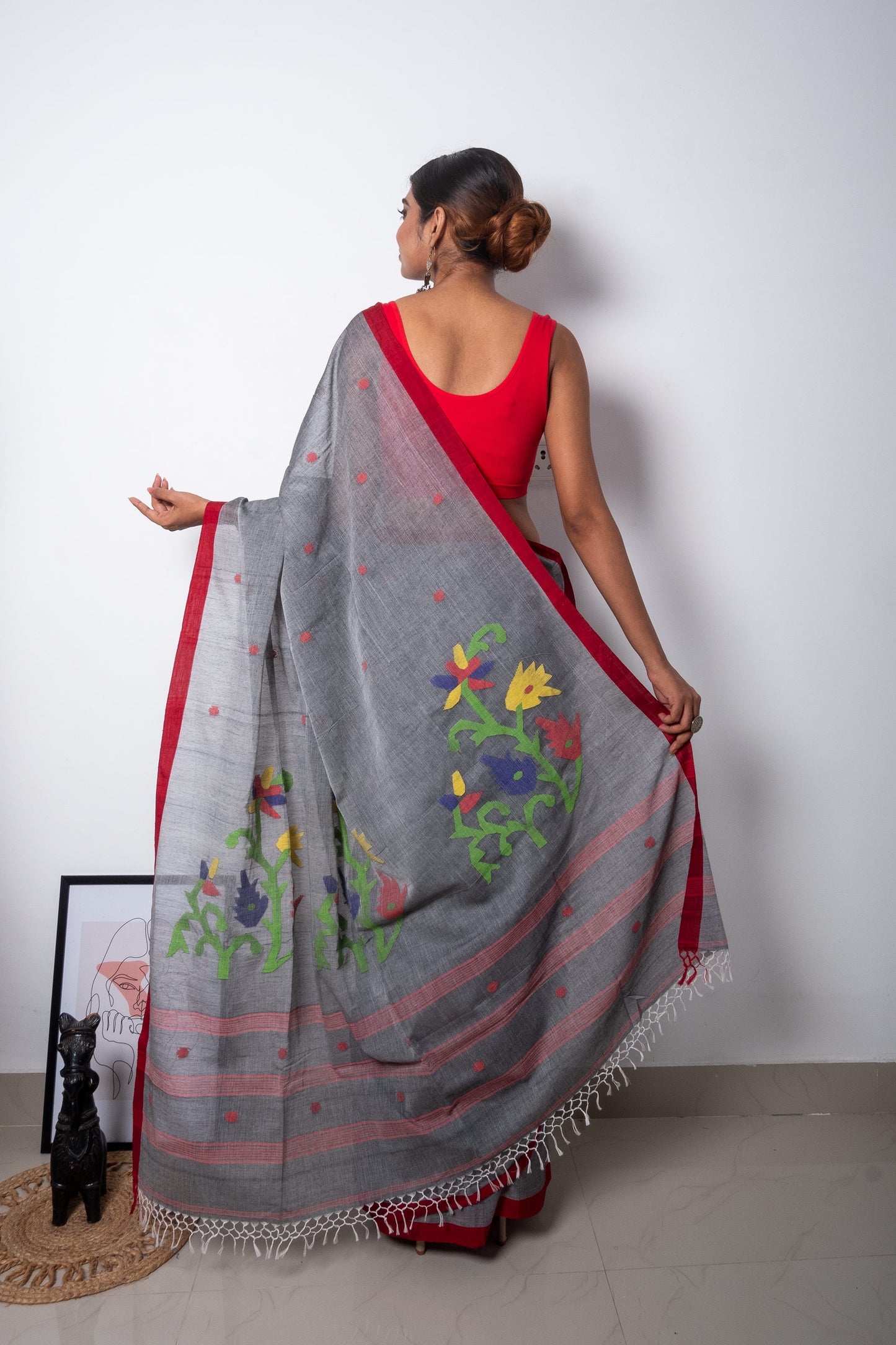 Blackish Grey- Red Purely Handloom Needle Woven Jamdani Saree