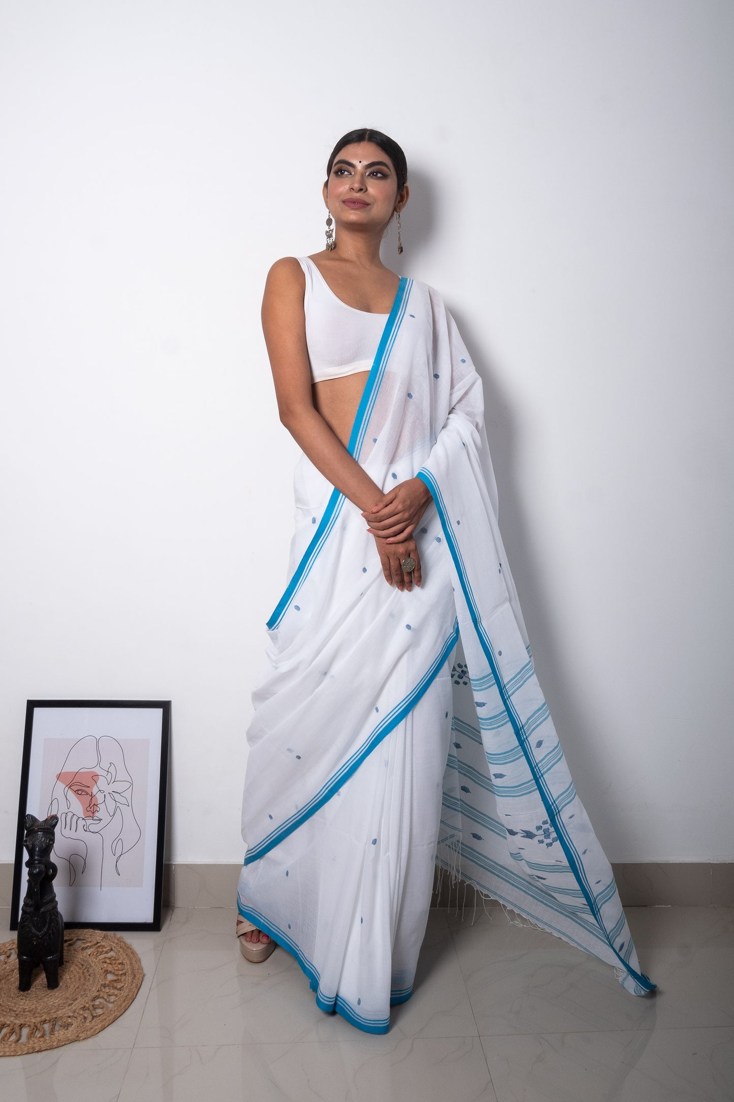 White- Blue Purely Handloom Needle Woven Jamdani Saree