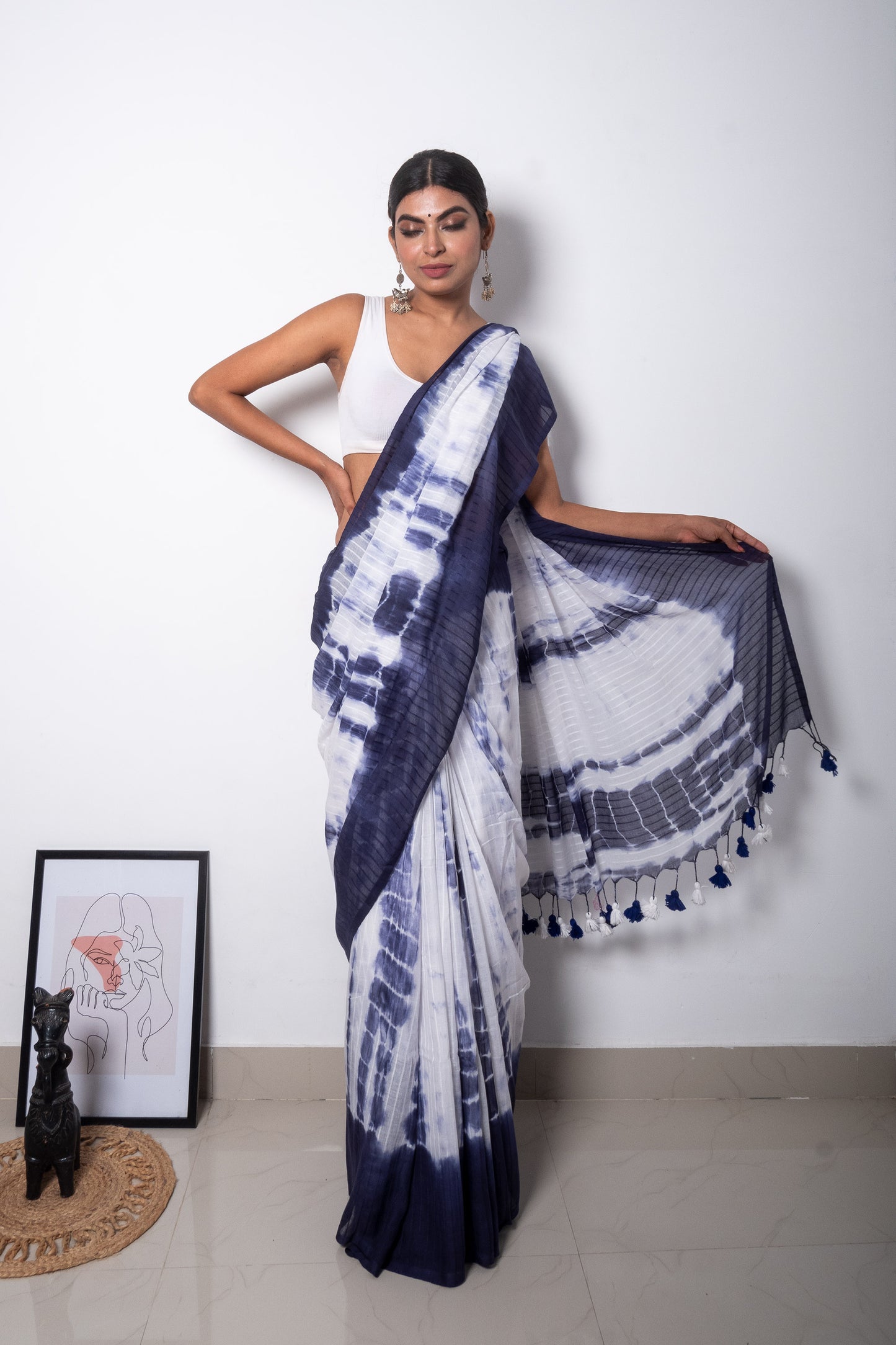 Blue-White Sibhori Premium Cotton Saree
