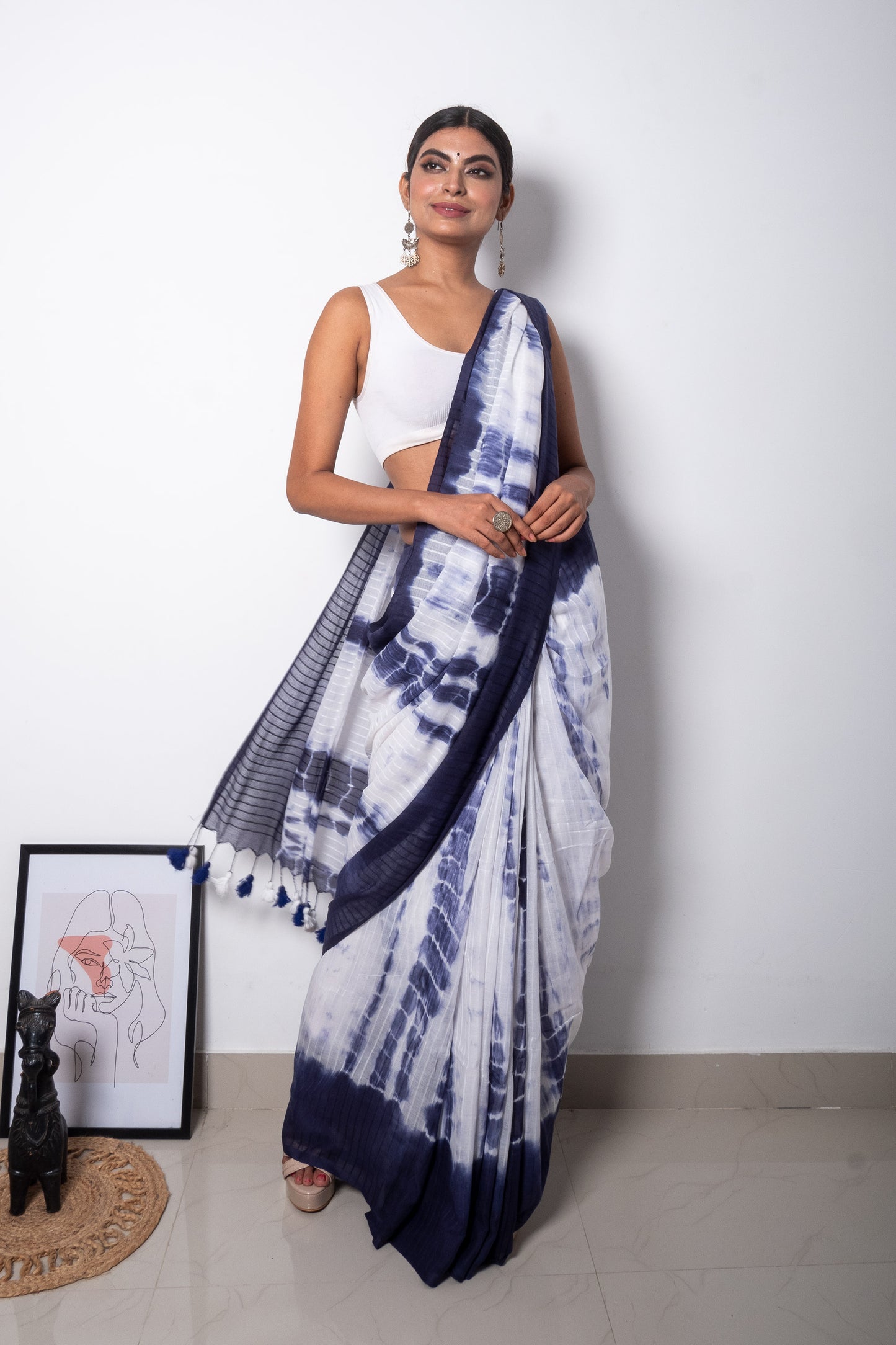 Blue-White Sibhori Premium Cotton Saree