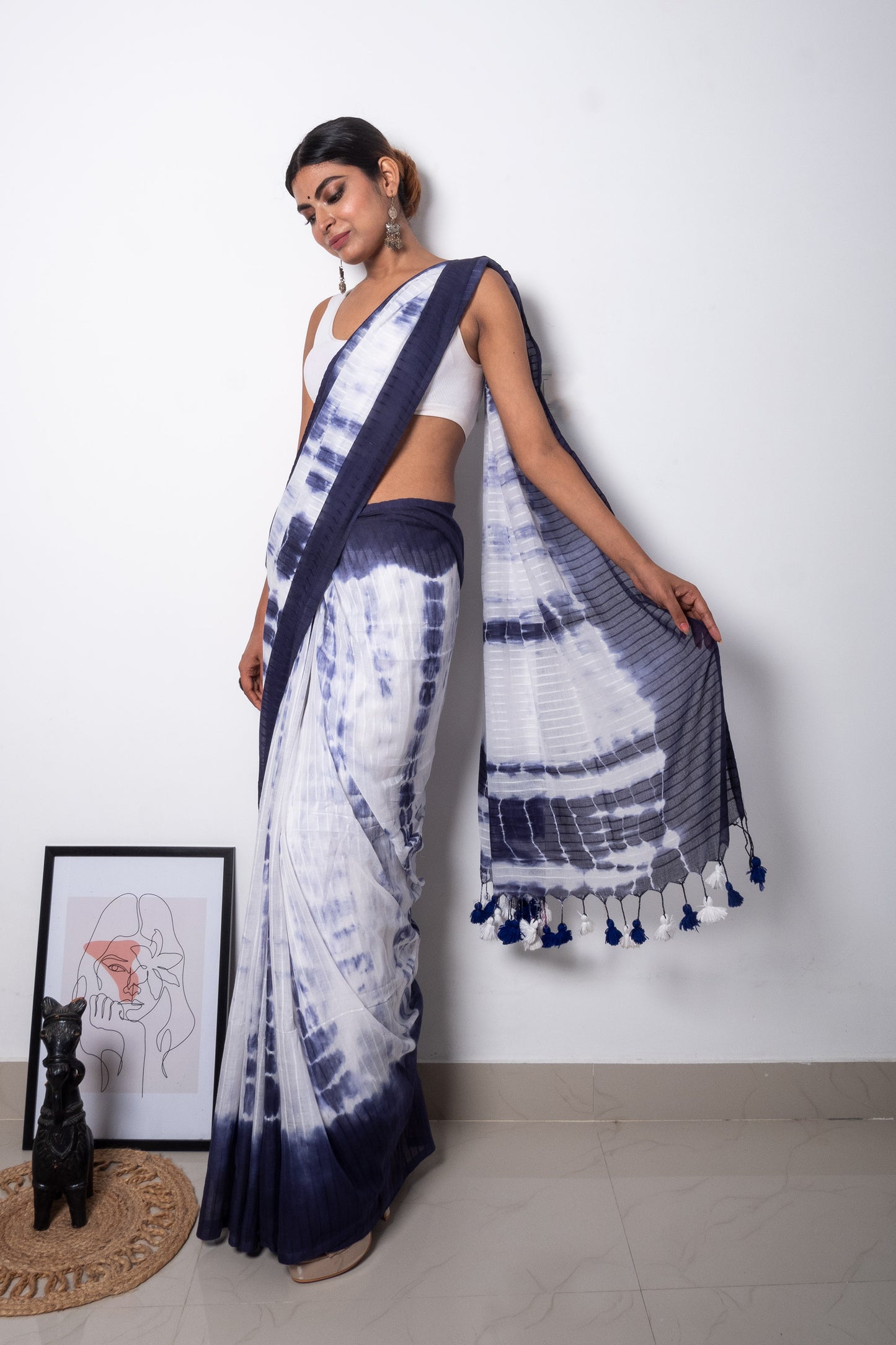 Blue-White Sibhori Premium Cotton Saree