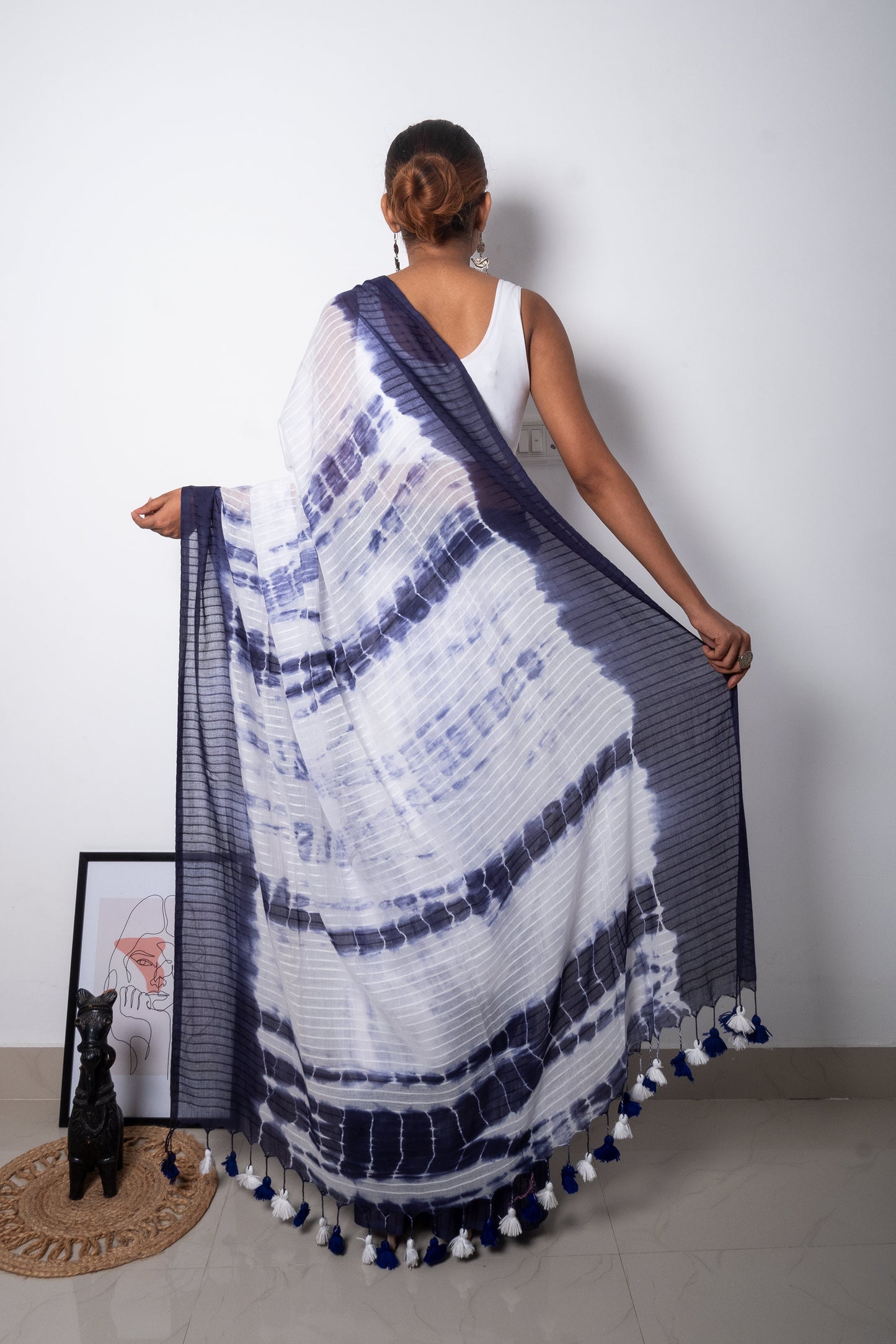 Blue-White Tie-Dye Sibhori Mul Cotton Saree
