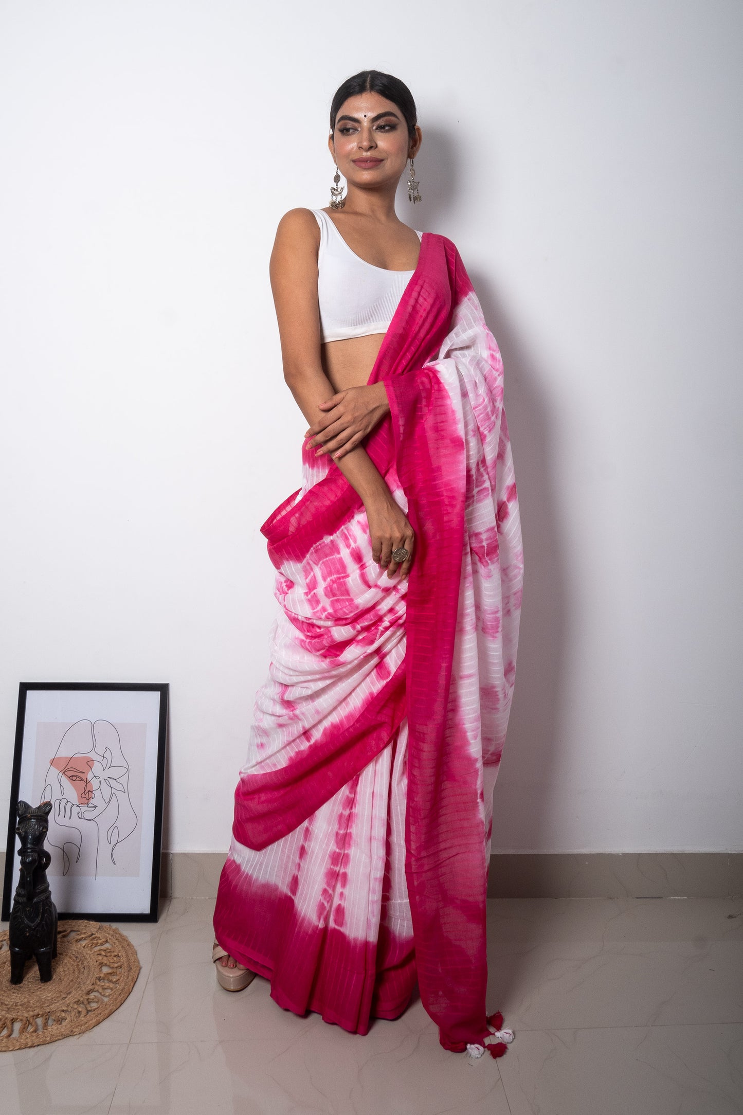 Pink-White Tie & dye Premium Cotton Saree