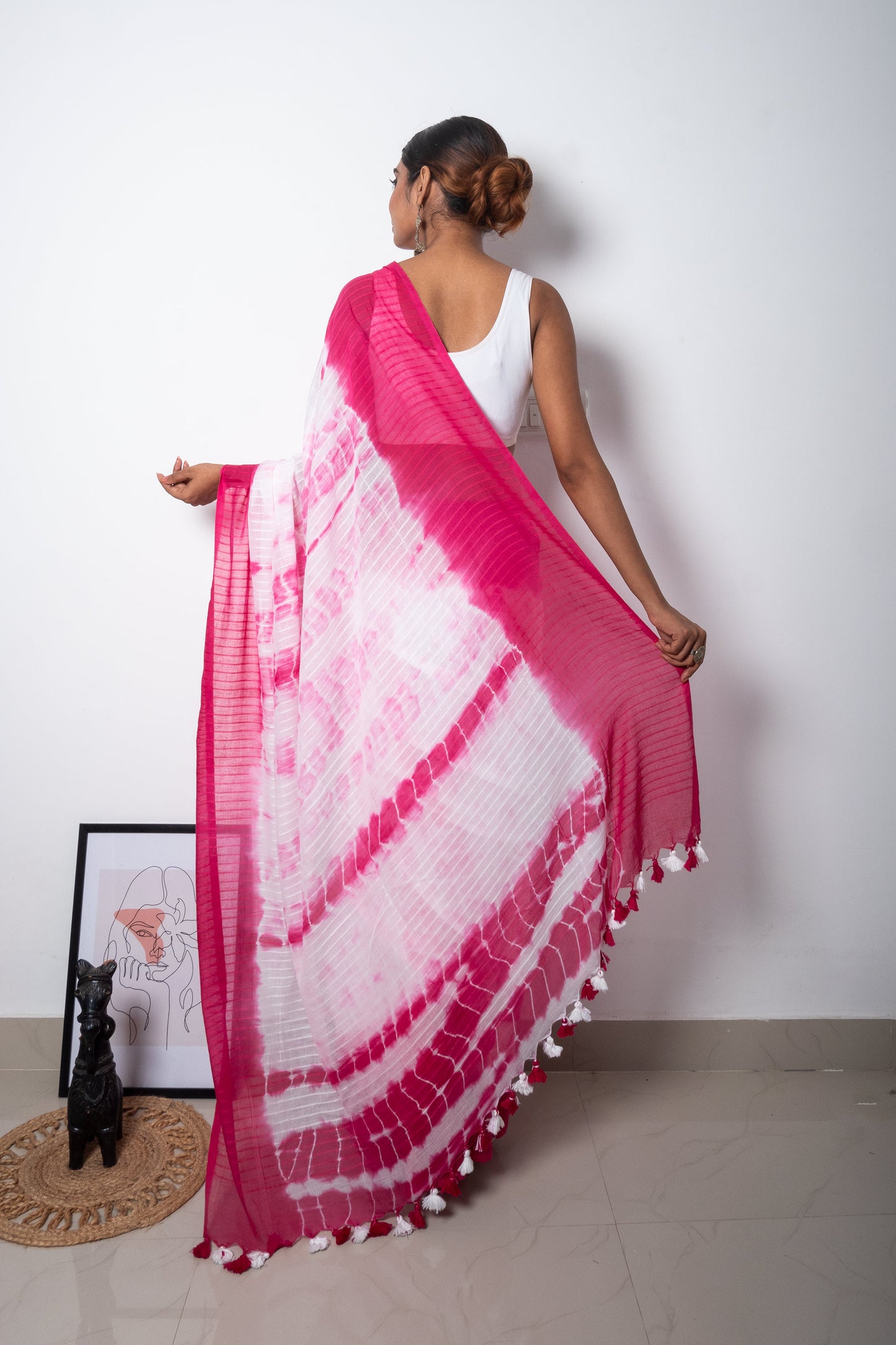 Pink-White Tie & dye mul Cotton Saree