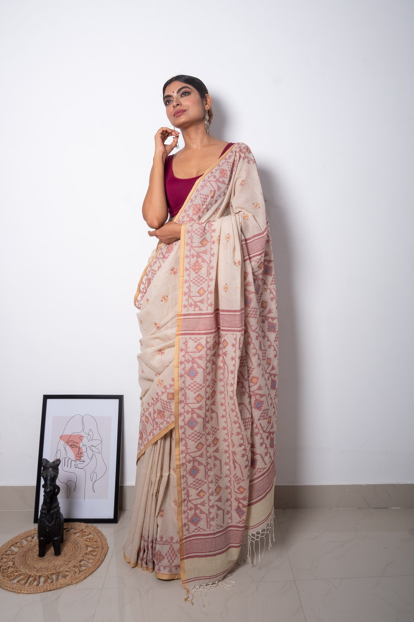 Beige Handloom Woven Jamdani Saree