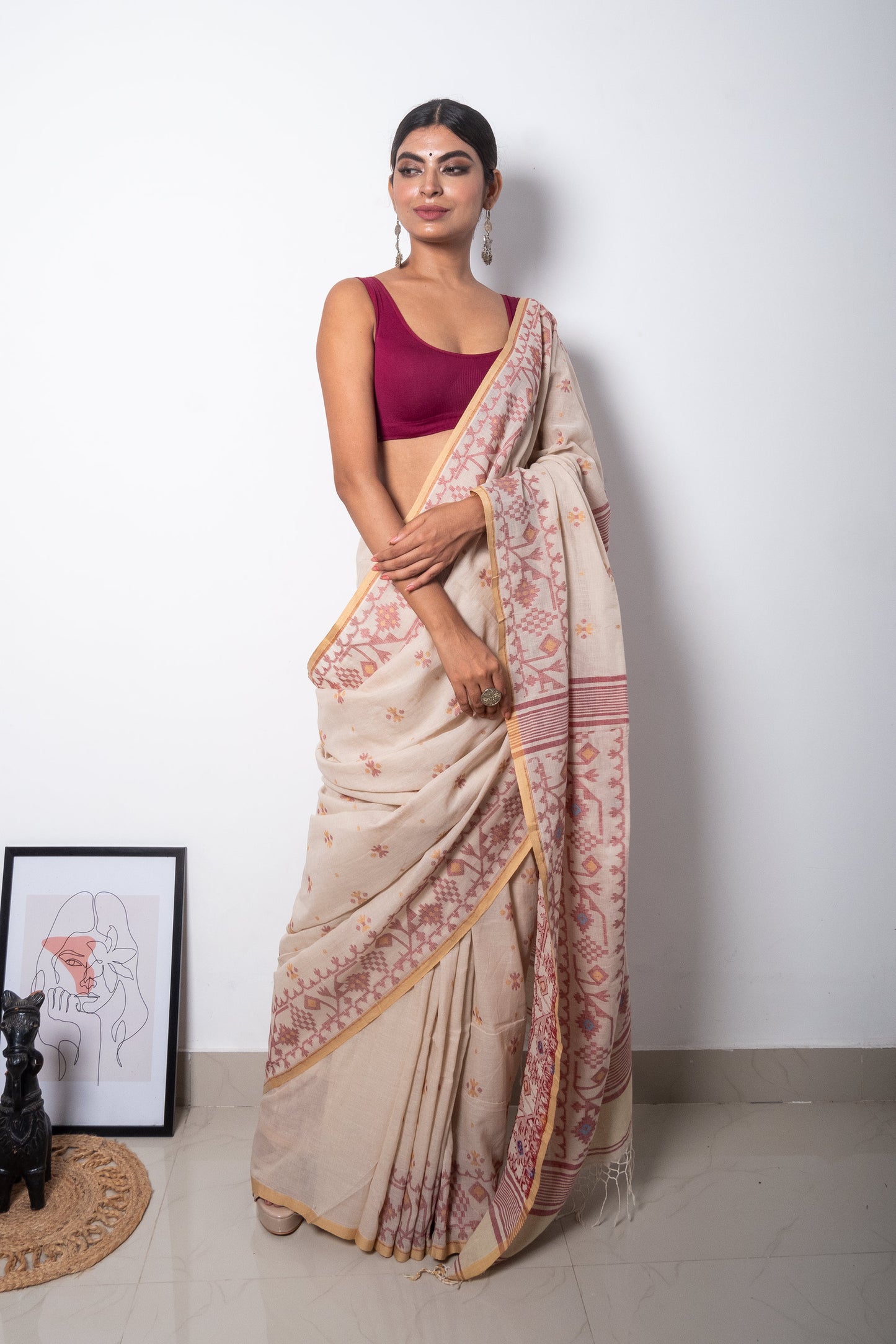 Beige Handloom Woven Jamdani Saree