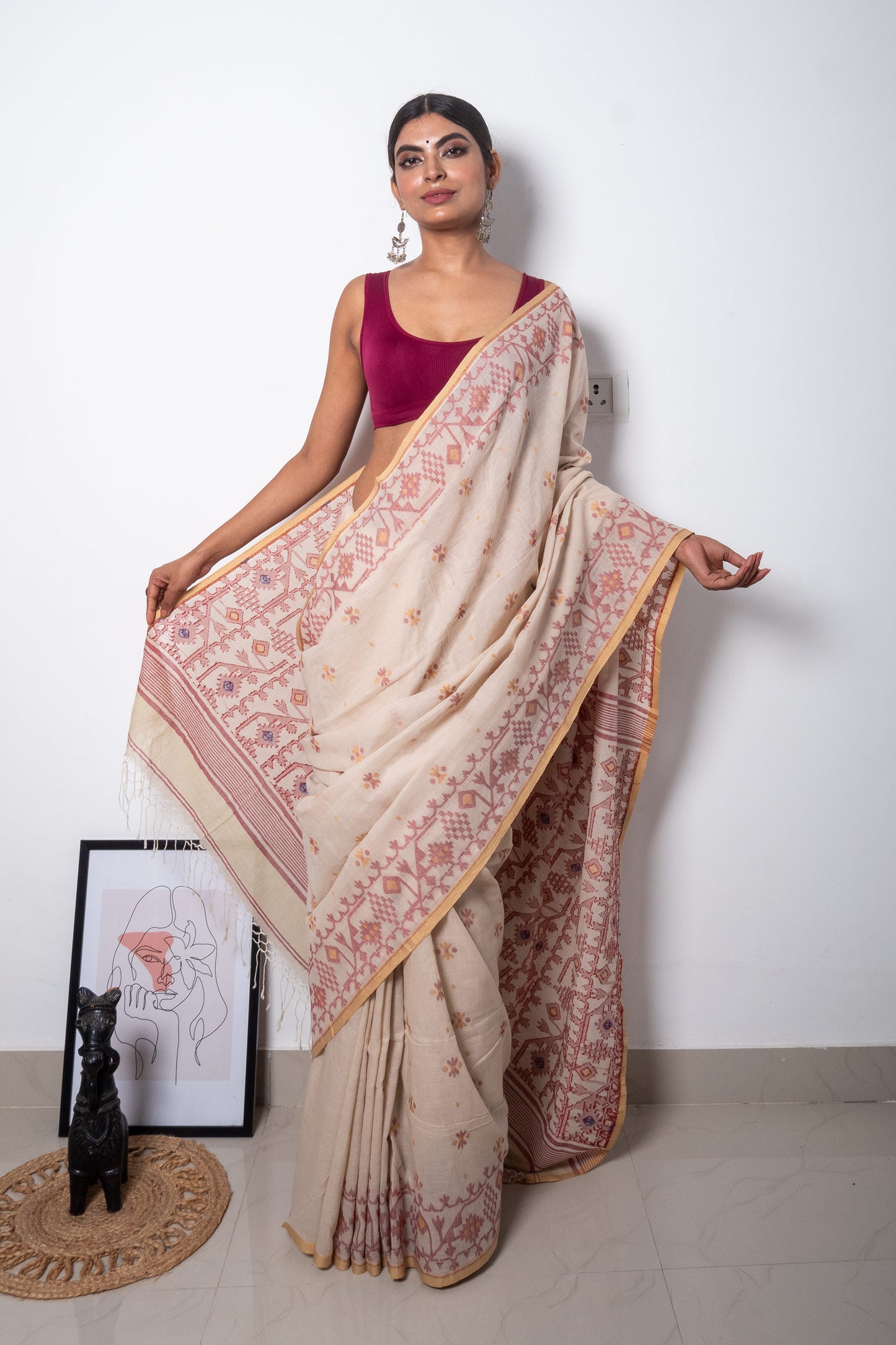 Beige Handloom Woven Jamdani Saree