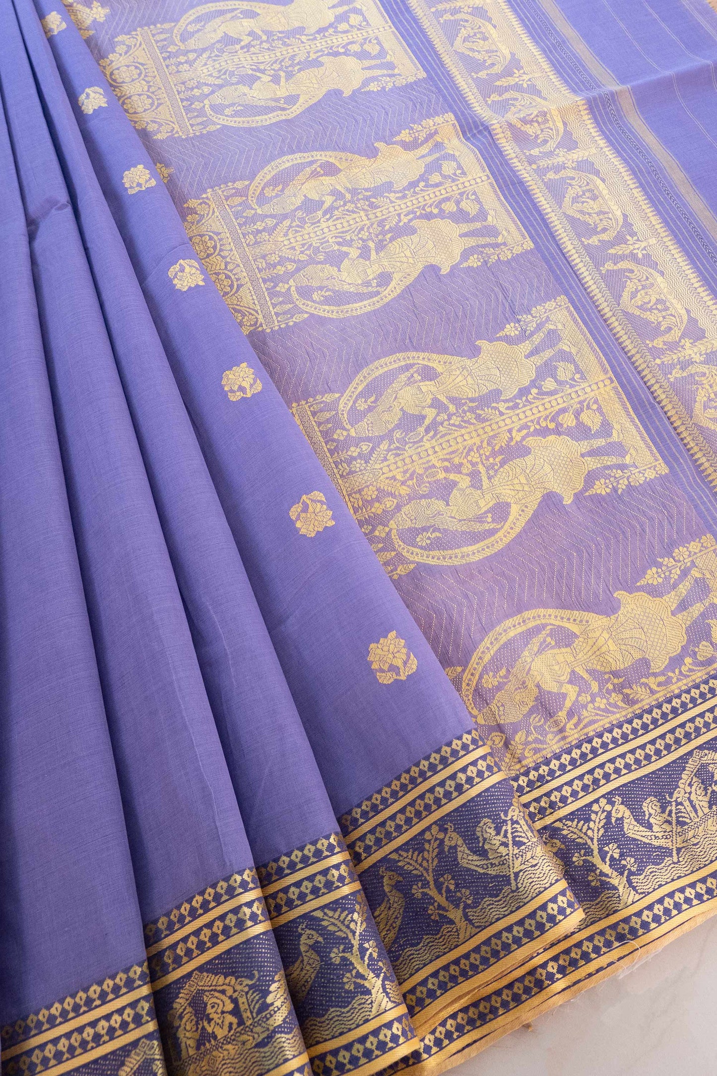 Purple Cotton Handloom Woven Baluchari Saree with Blue Border